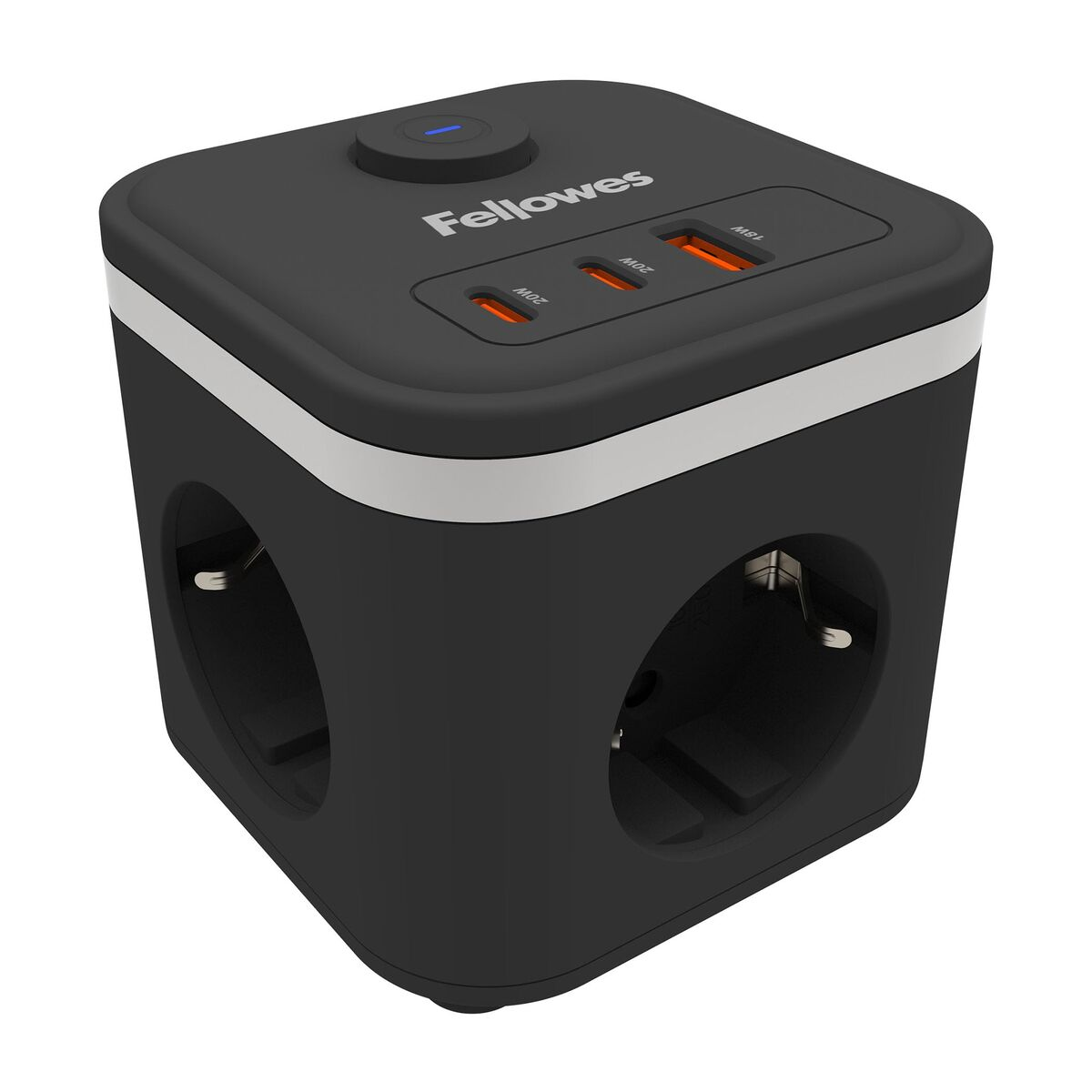 Schwarzer Fellowes USB-C-Hub mit zwei Steckdosen und drei USB-Anschlüssen.