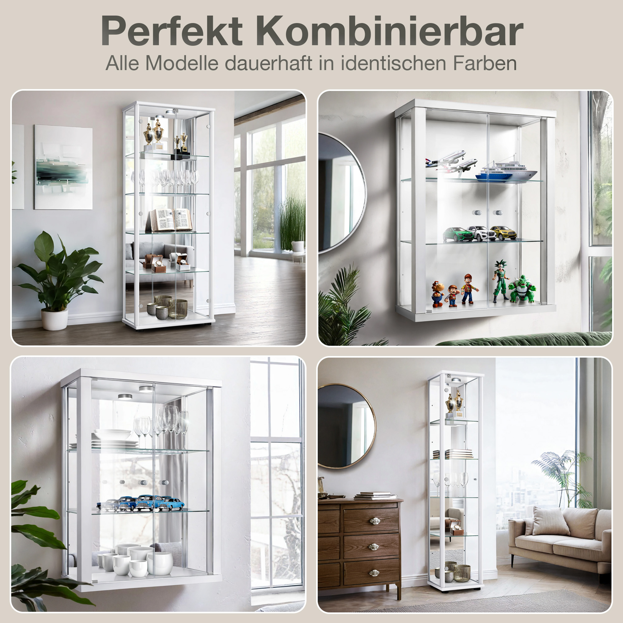 Vier Glasvitrinen mit unterschiedlichen Ausstellungsstücken, darunter Modelle und Dekorationen.