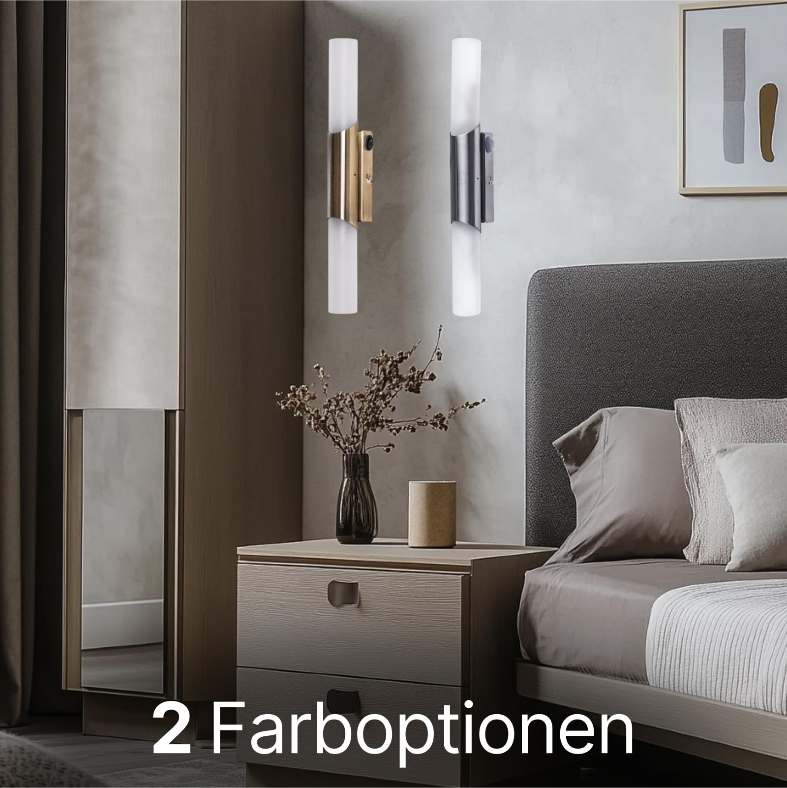 Zwei moderne Wandleuchten über einem Nachttisch mit Vasen und Blumen.