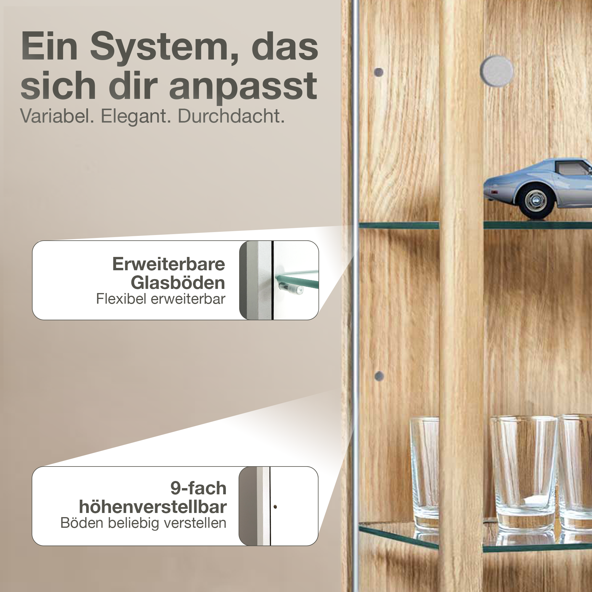Ein Holzregal mit Glasböden, einem Spielzeugauto und Gläsern.