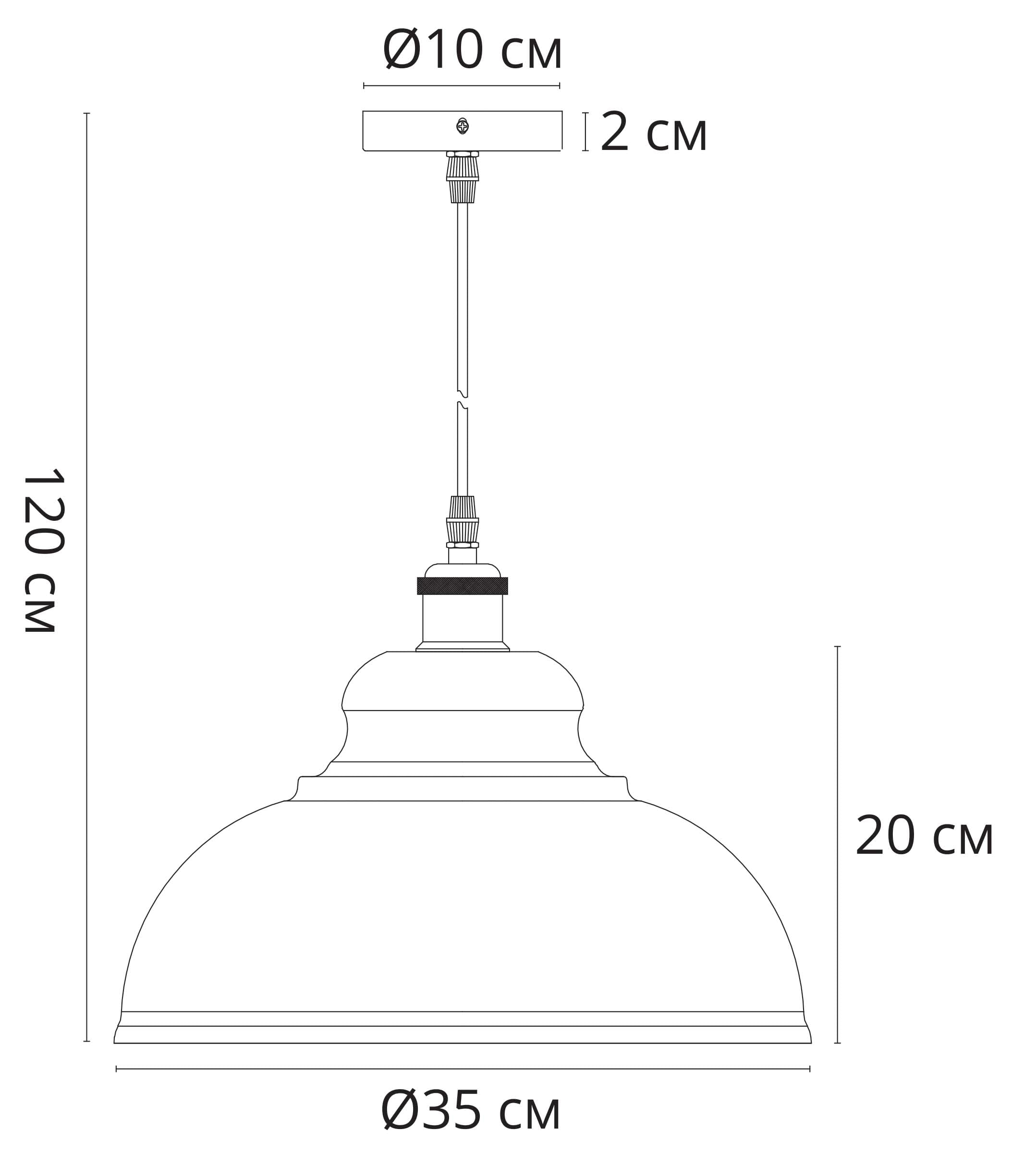 Technische Zeichnung einer Pendelleuchte mit Maßen: 10 cm (Durchmesser), 2 cm (Höhe), 120 cm (Länge), 35 cm (Durchmesser), 20 cm (Höhe).