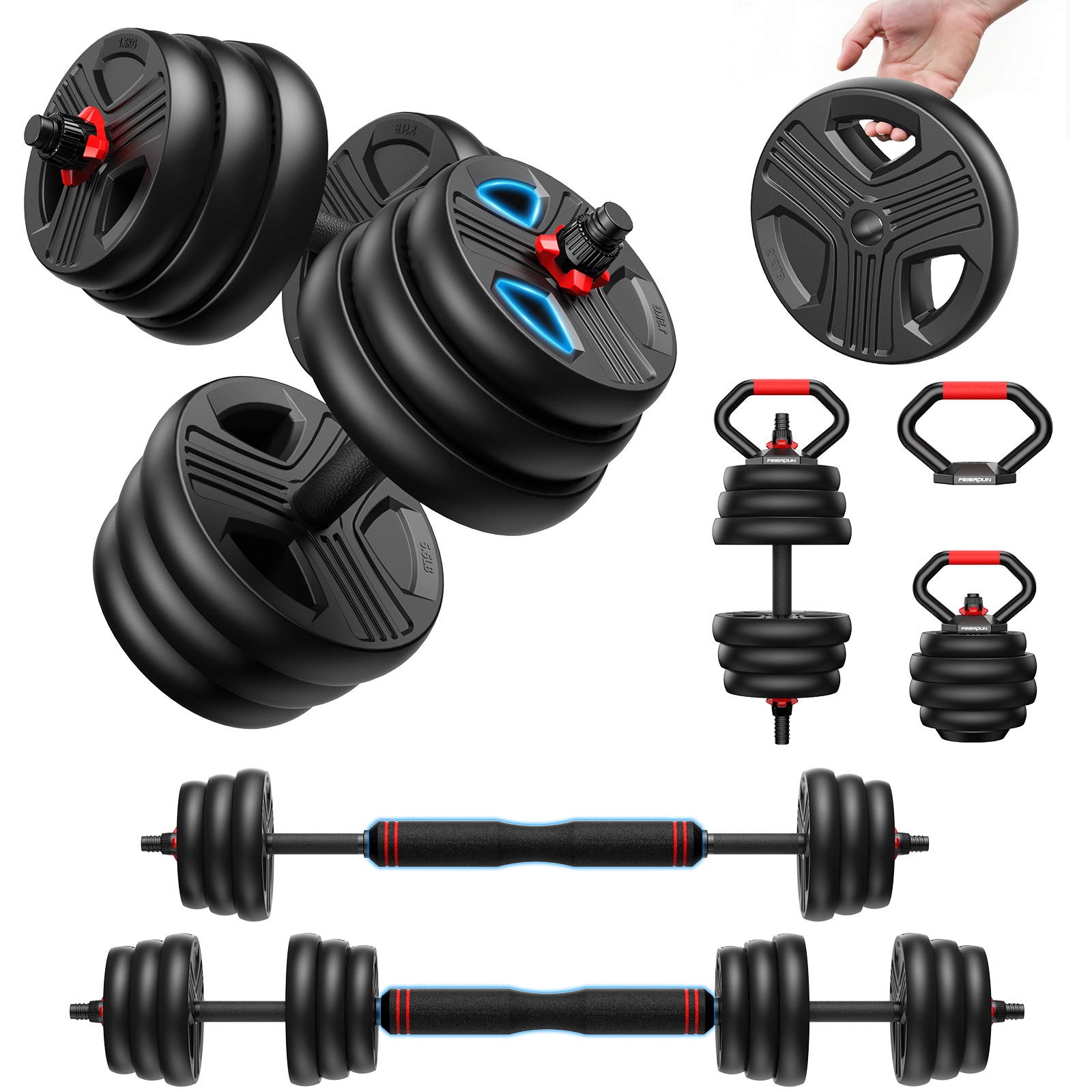Schwarze Hantelscheiben, Kettlebells und Langhanteln mit roten Akzenten auf weißem Hintergrund.