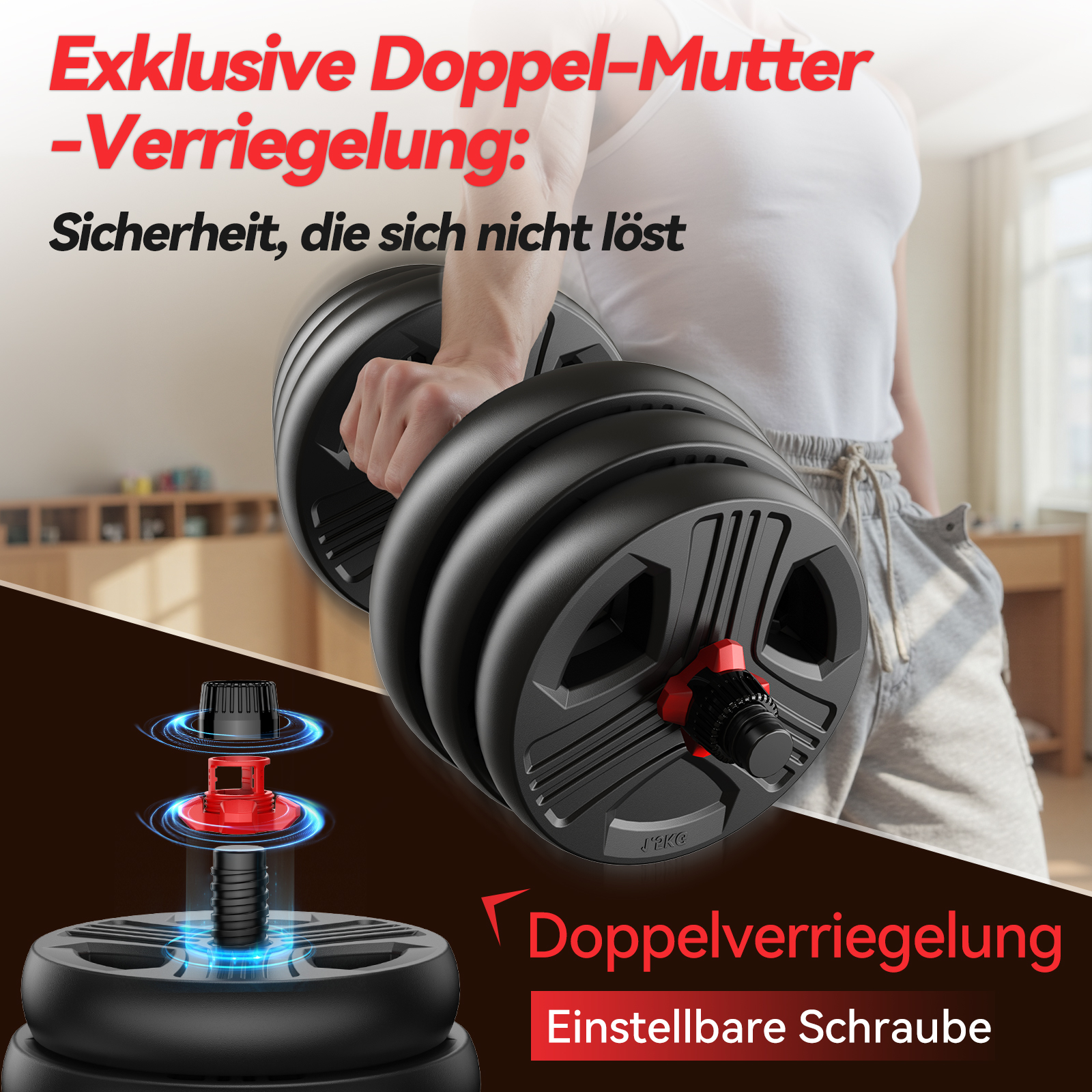 Person hält Kurzhantel mit doppelter Mutter-Verriegelung; Nahaufnahme der Verriegelungsmechanik.
