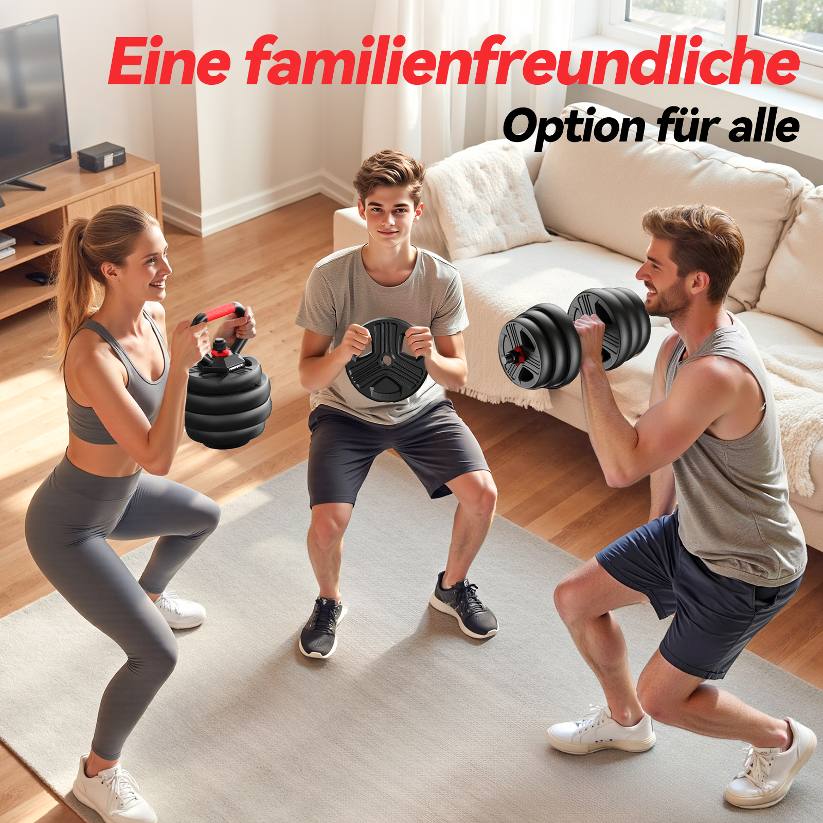 Familie trainiert zu Hause mit Gewichten.