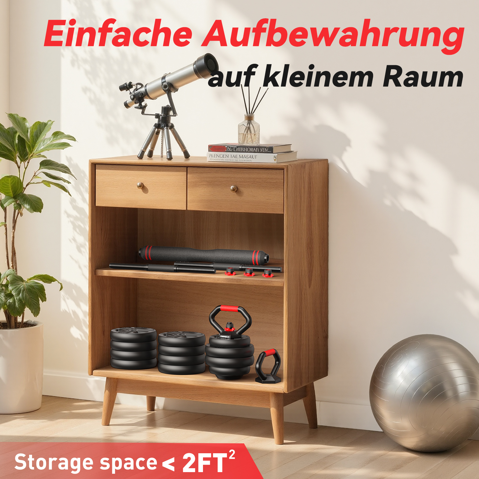 Ein Holzregal mit Teleskop, Büchern, Hanteln, Kettlebell und Gymnastikball.