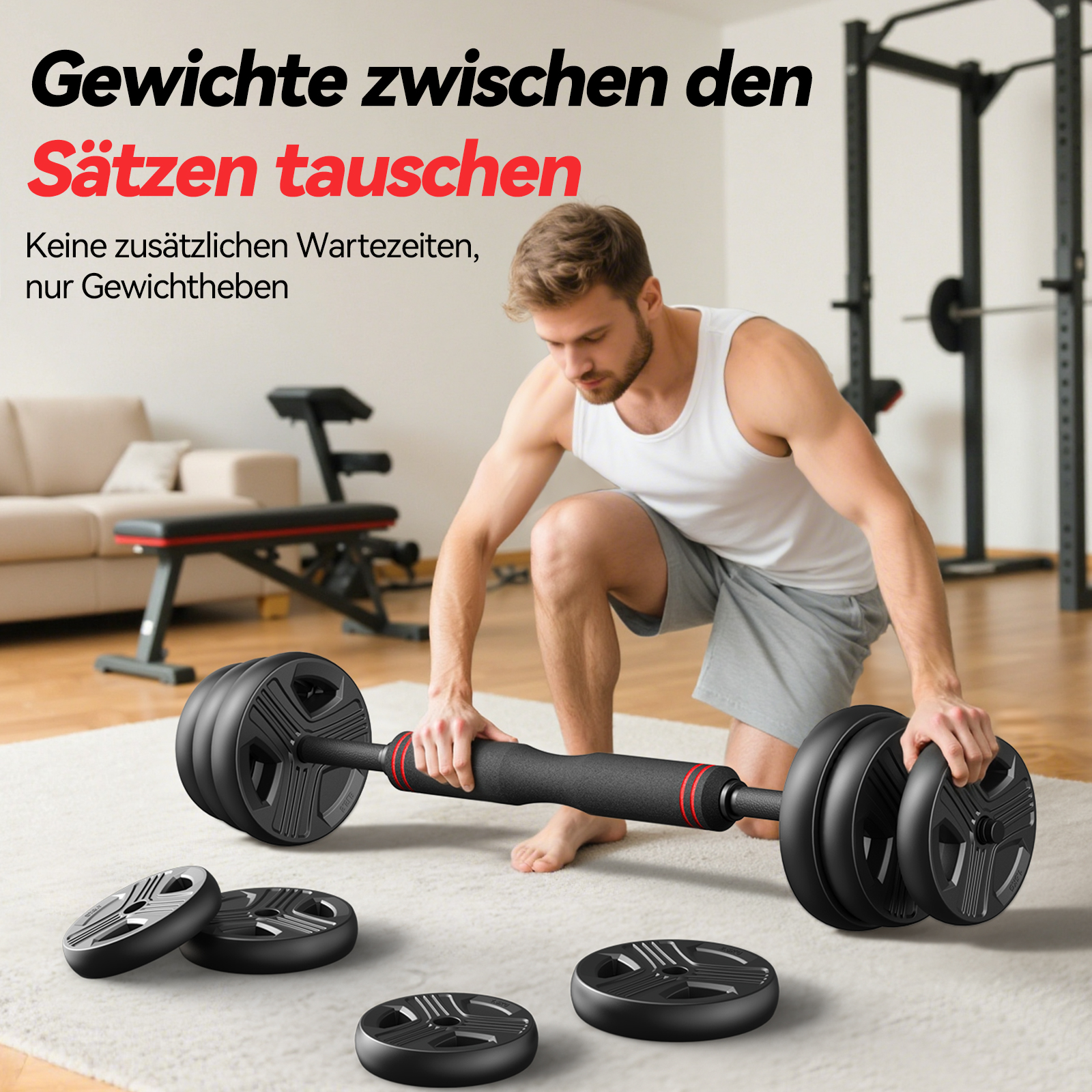 Mann im weißen Tanktop stellt Gewichte auf verstellbare Hantelstange im Heimstudio ein.