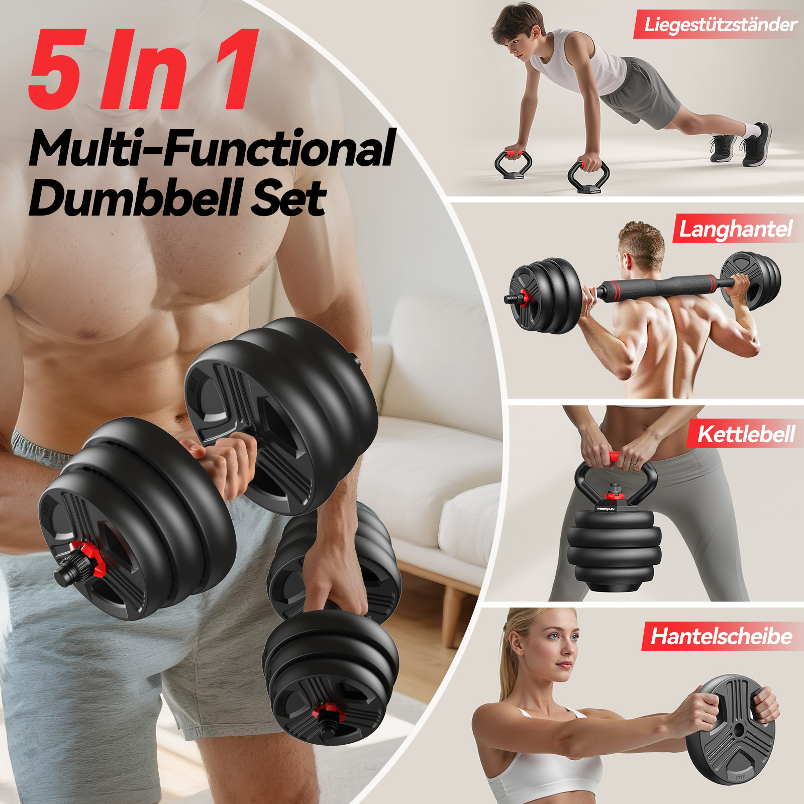 Ein Mann hält eine verstellbare Hantel. Mehrere Fitnessgeräte sind zu sehen.