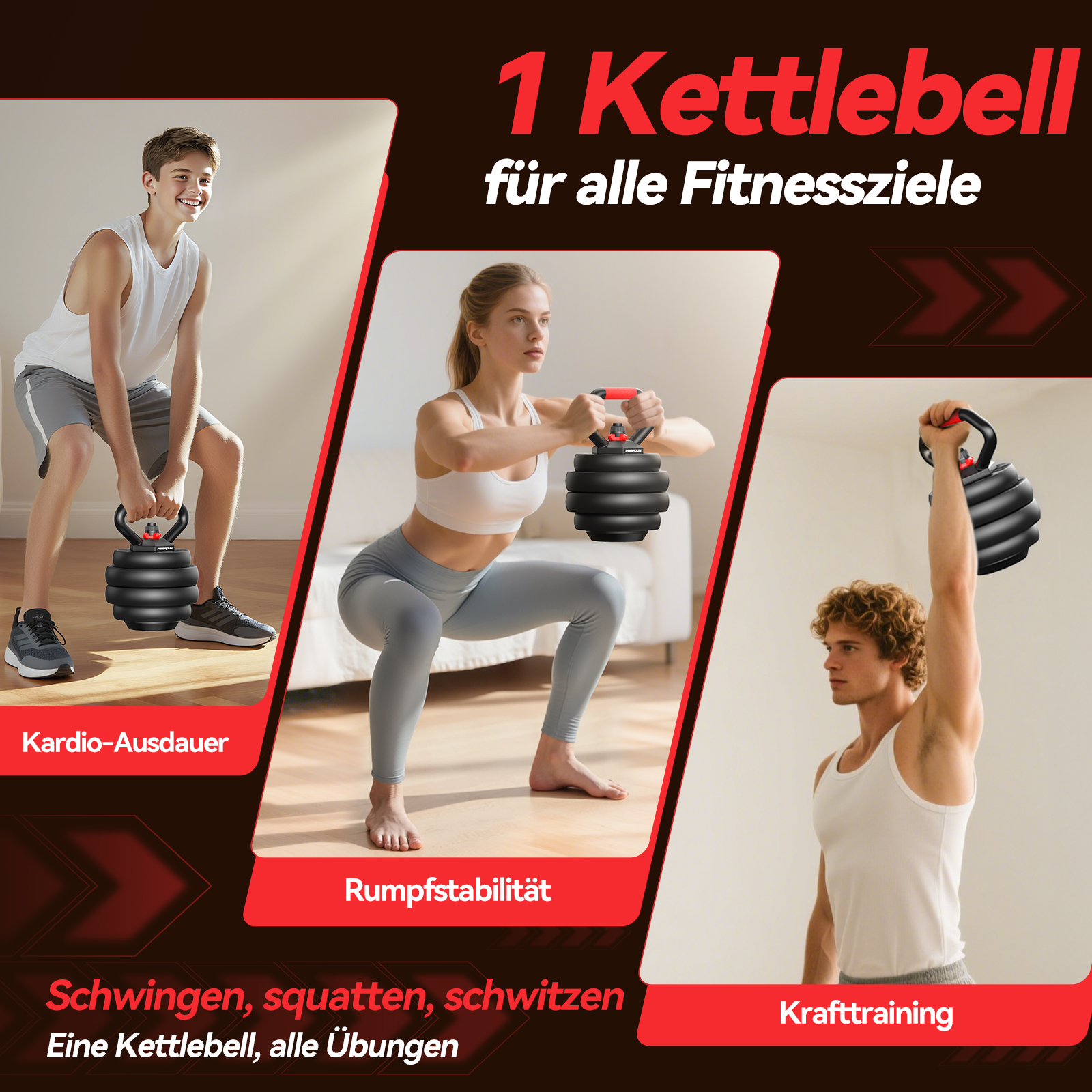 Mann hebt Kettlebell, Frau macht Kniebeuge, Mann hebt Kettlebell.