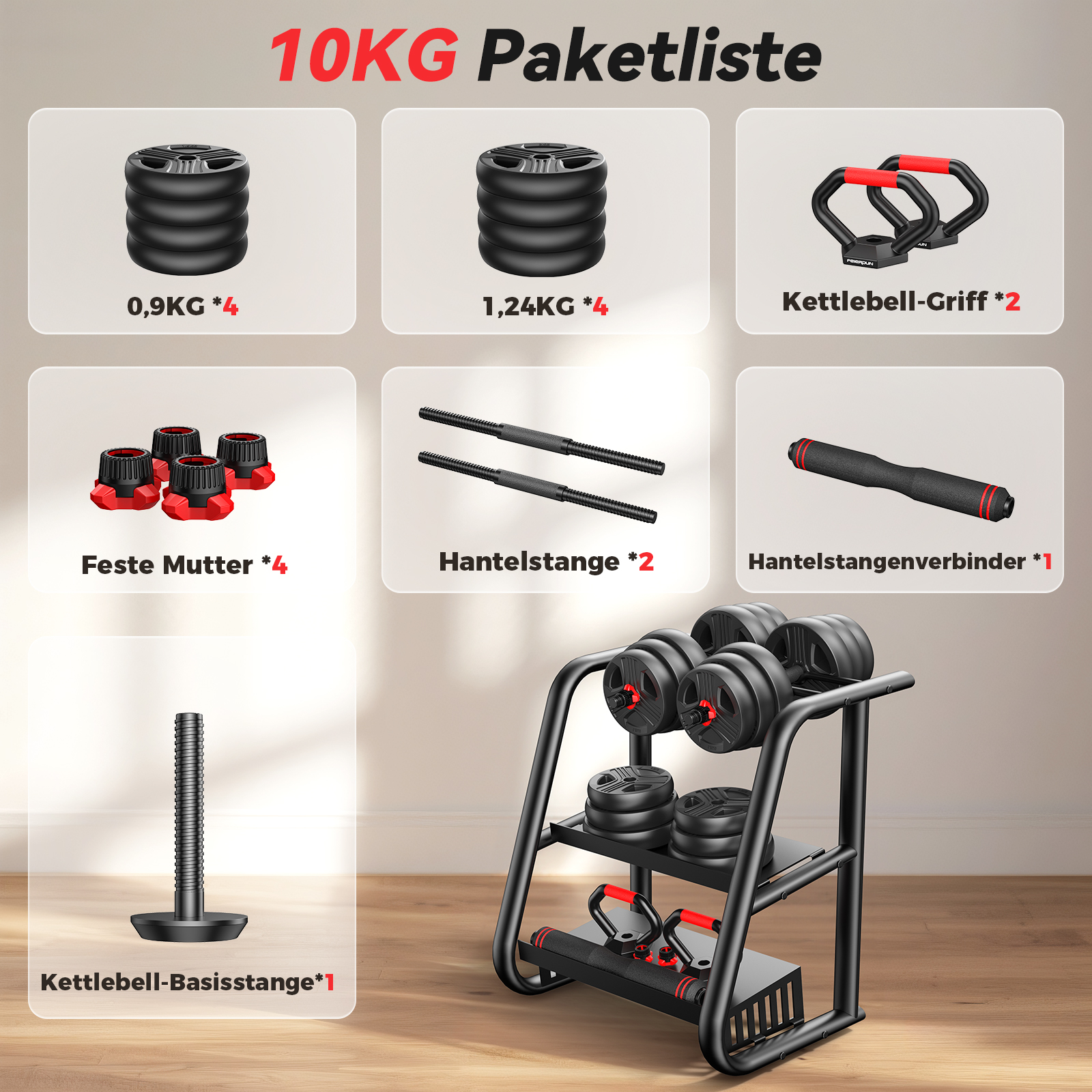 Gewichte, Griffe, Stangen und Zubehör auf einem Rack, mit Beschriftungen.