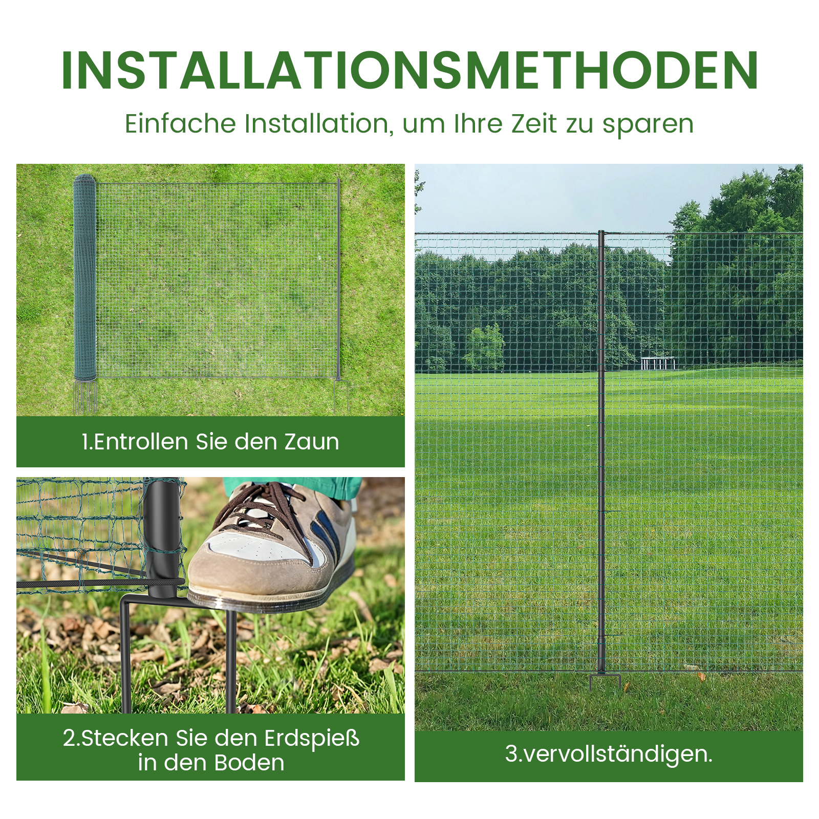Illustrationen zeigen die Installation eines grünen Zauns auf einer Wiese.