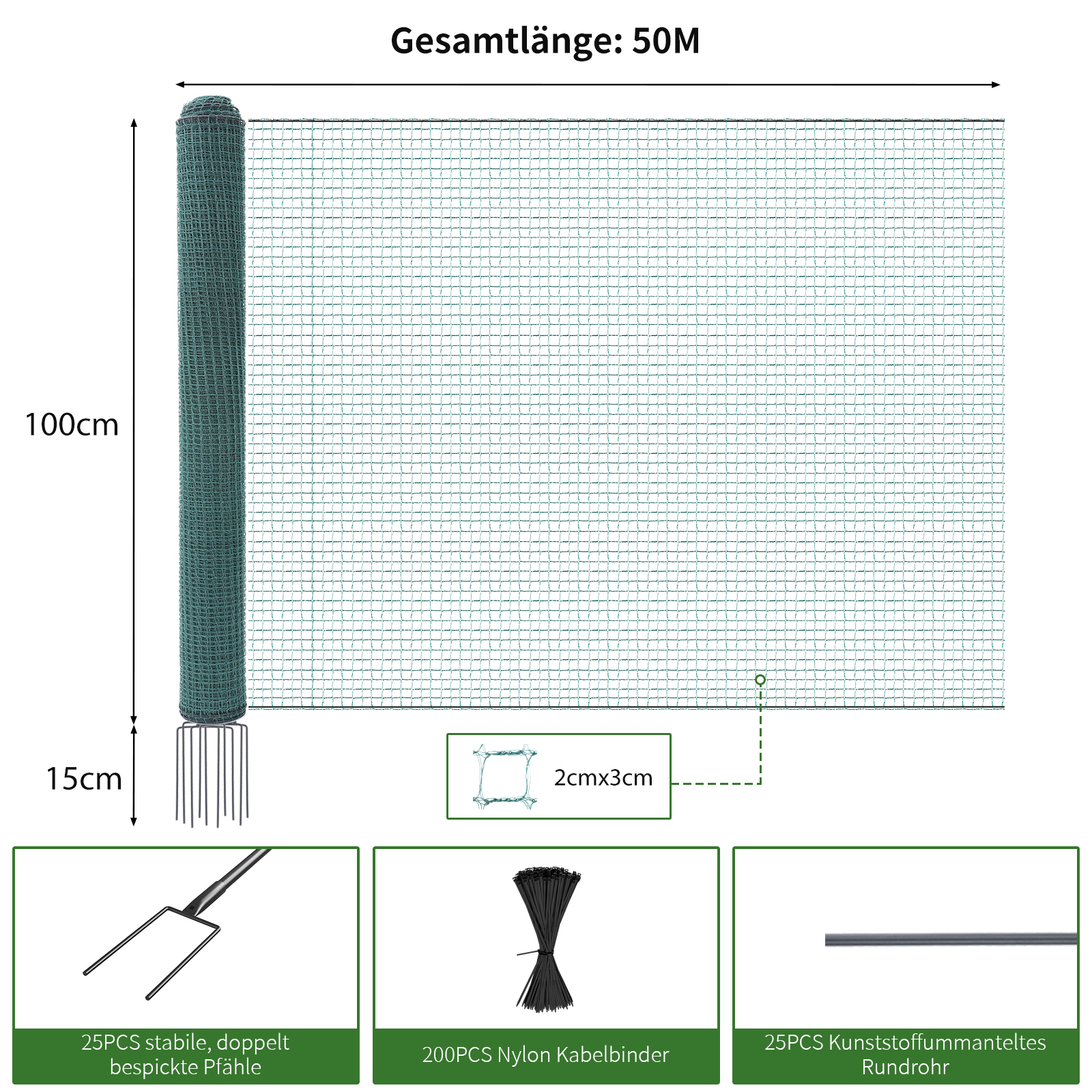 Grünes Netz, 100cm hoch, 50m lang, mit Pfählen und Kabelbindern.