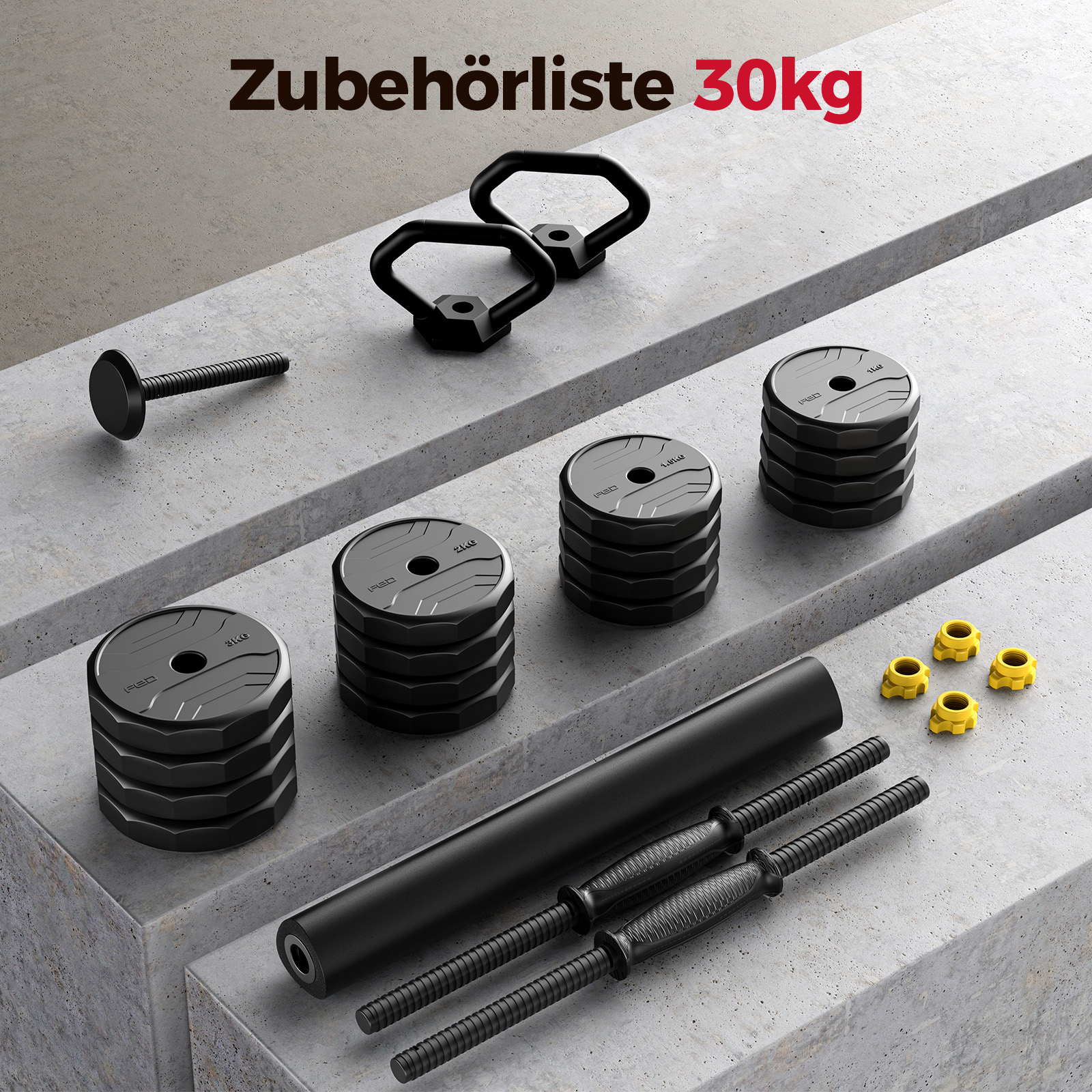 Hantelscheiben, Hantelstangen, Griffe und Verschlüsse auf Betonstufen.