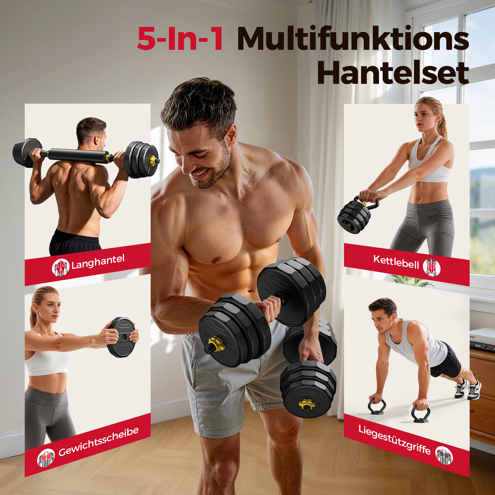 Ein Mann hebt Hanteln, Frauen mit Kettlebell und Gewichtsscheibe, Mann mit Liegestützgriffen.