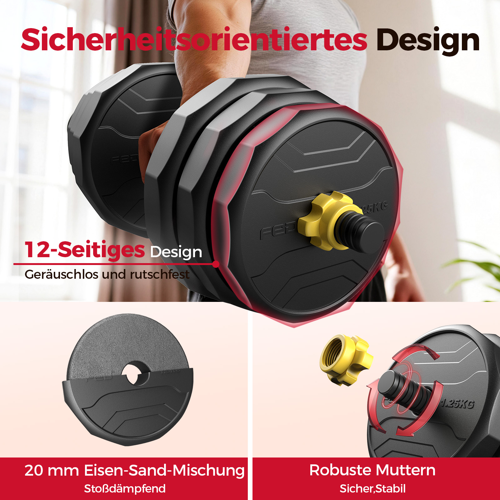 Verstellbare Hantel mit schwarzen Gewichten und gelbem Verschluss.