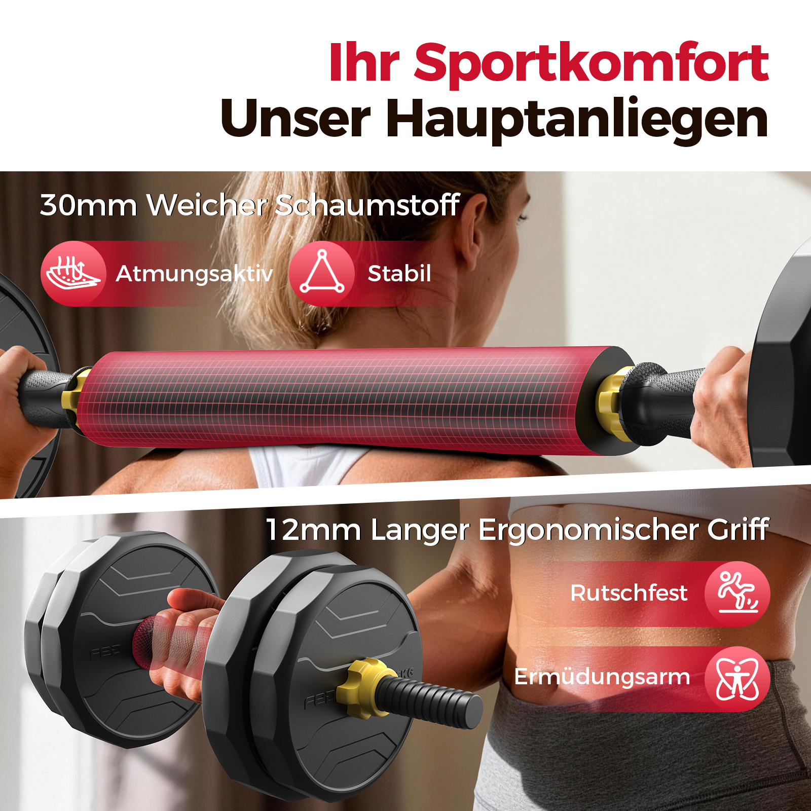 Person hält Hantelstange mit weichem Griff und Hantel mit gummiertem Griff.