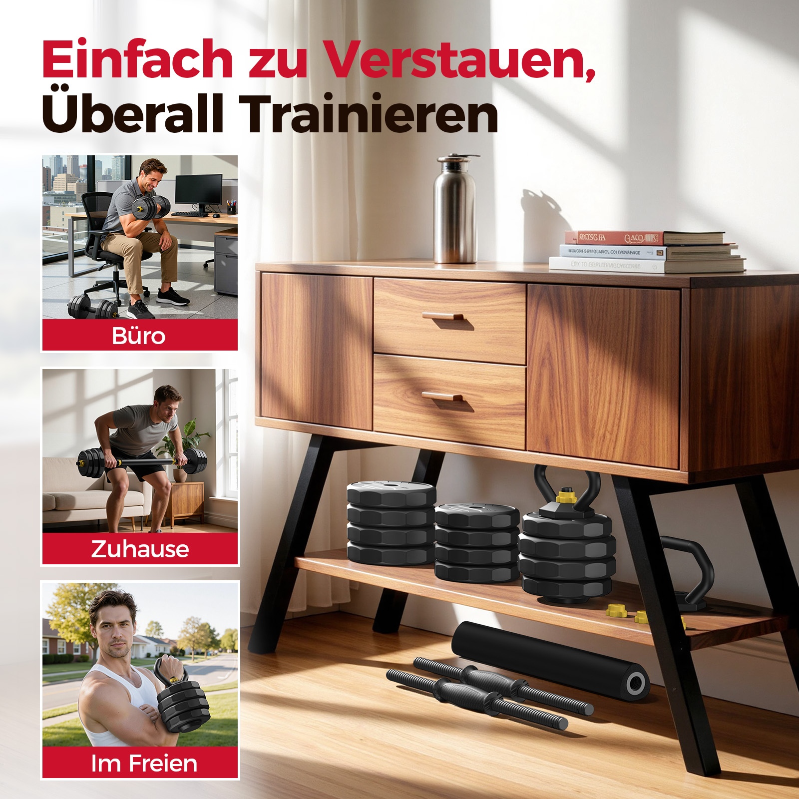 Mann trainiert im Büro, zu Hause und draußen mit Hanteln.
