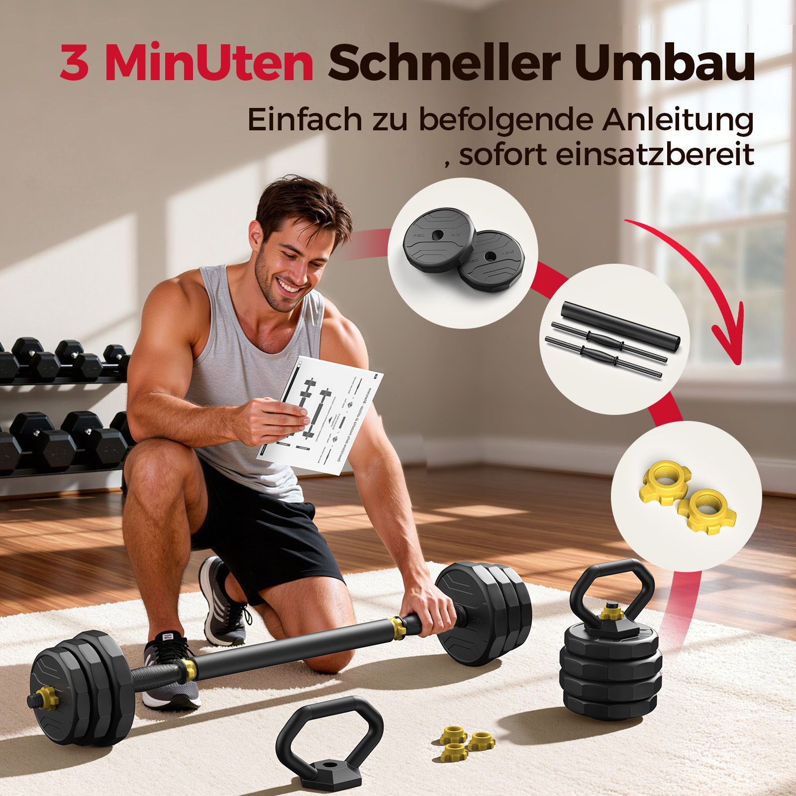 Mann mit Trainingsgeräten, Gewichten und Anleitung im Fitnessraum.