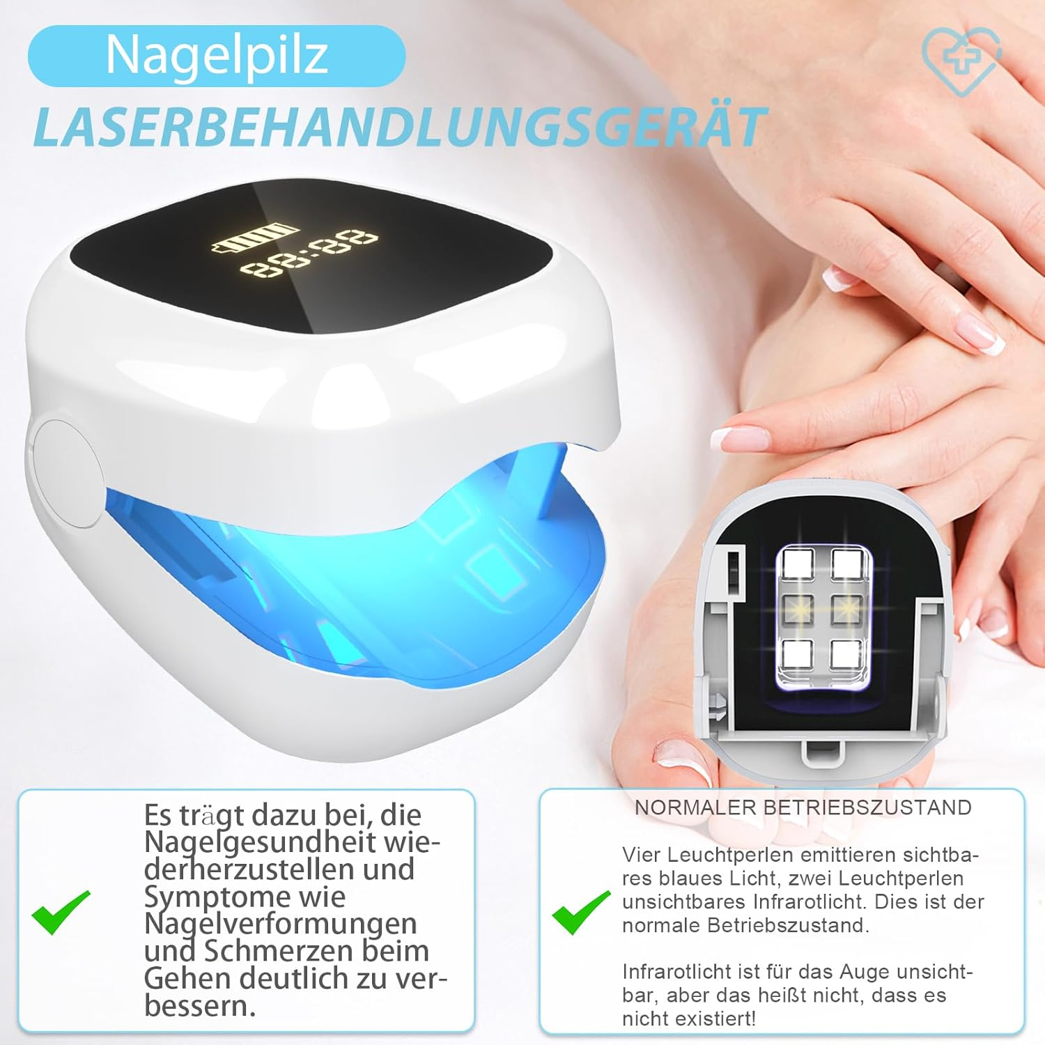 Ein Laser-Nagelpilz-Behandlungsgerät mit blauem und infrarotem Licht.