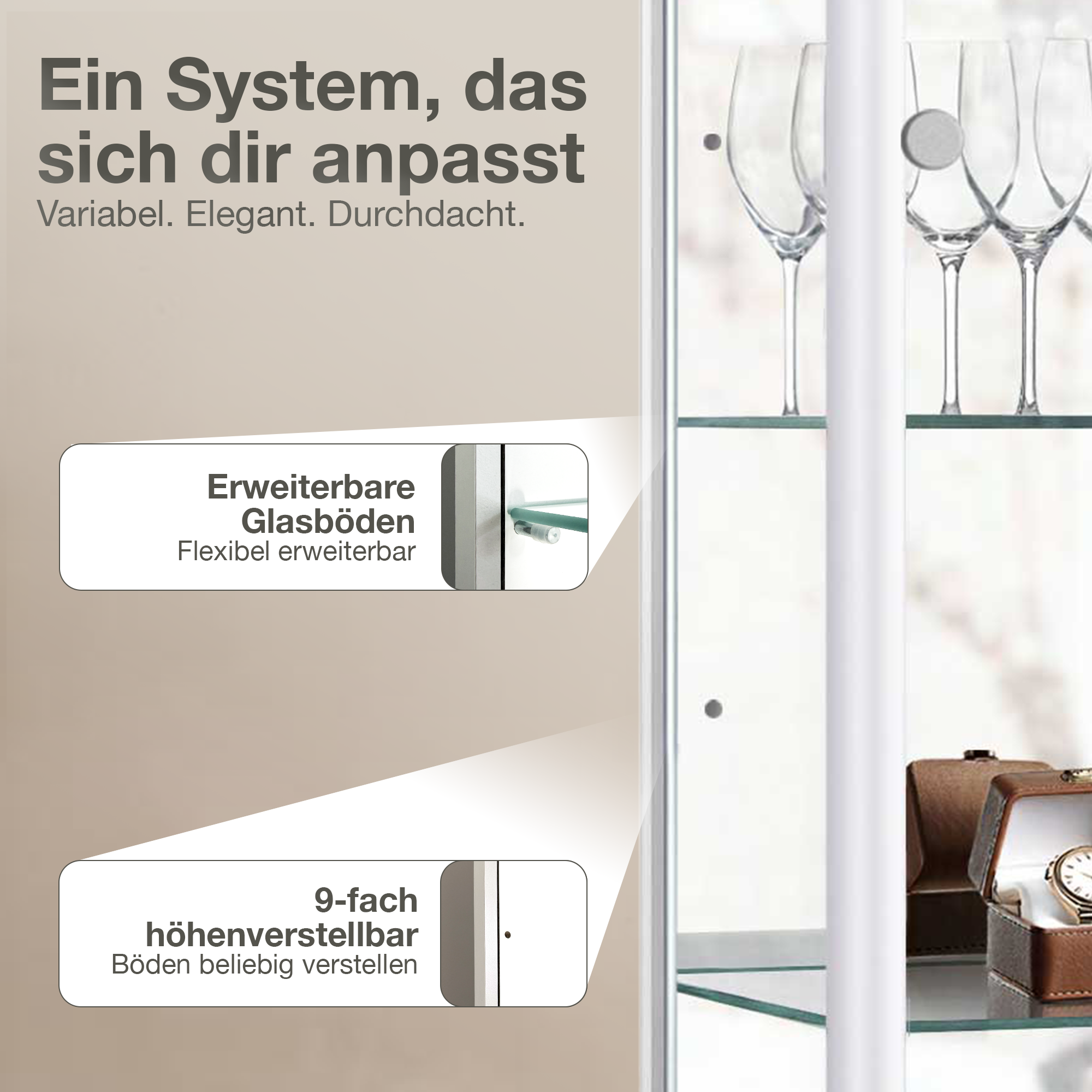 Ein System mit erweiterbaren, höhenverstellbaren Glasböden. Gläser und Uhr.