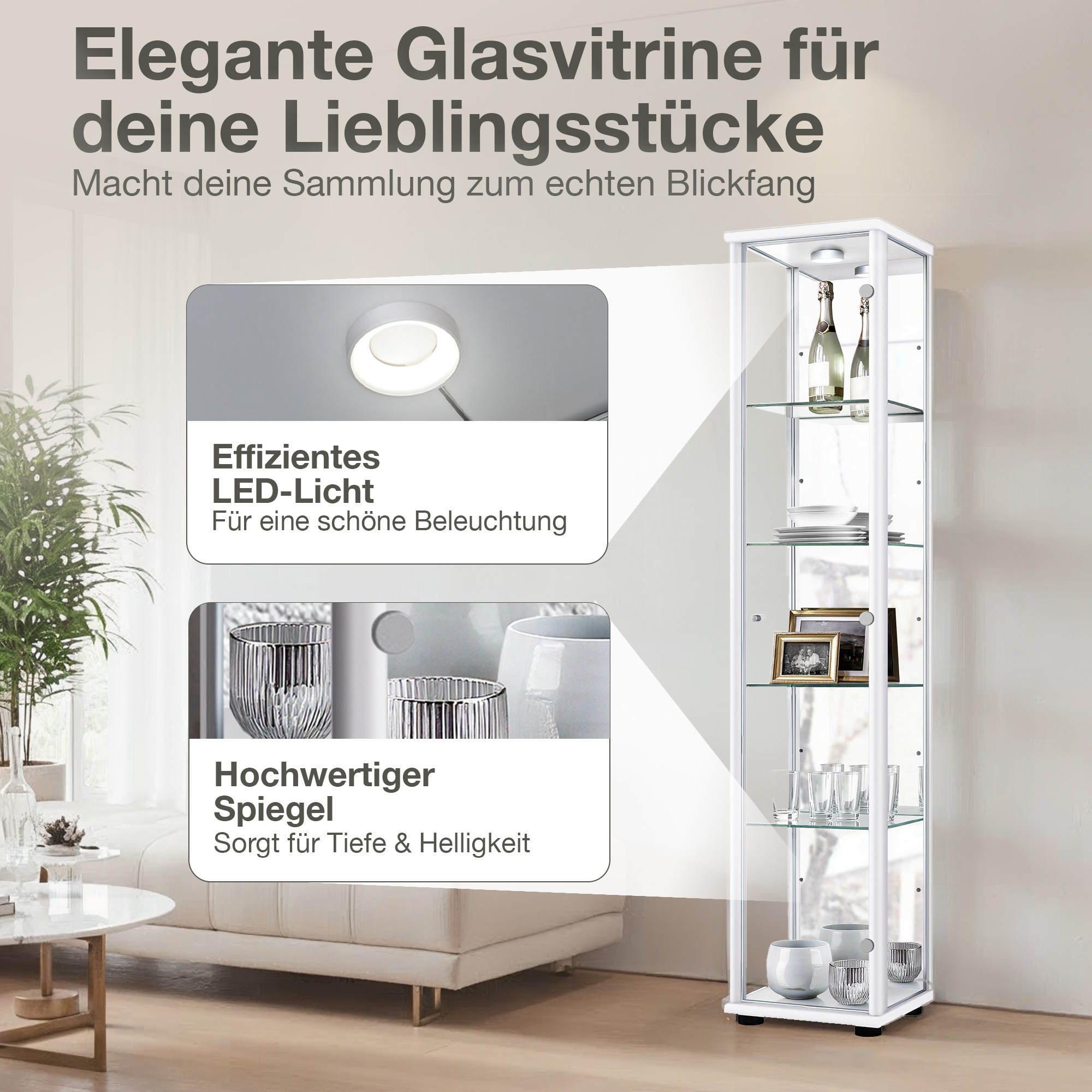 Eine weiße Glasvitrine mit LED-Licht und Spiegeln, gefüllt mit Flaschen, Geschirr und Bildern.