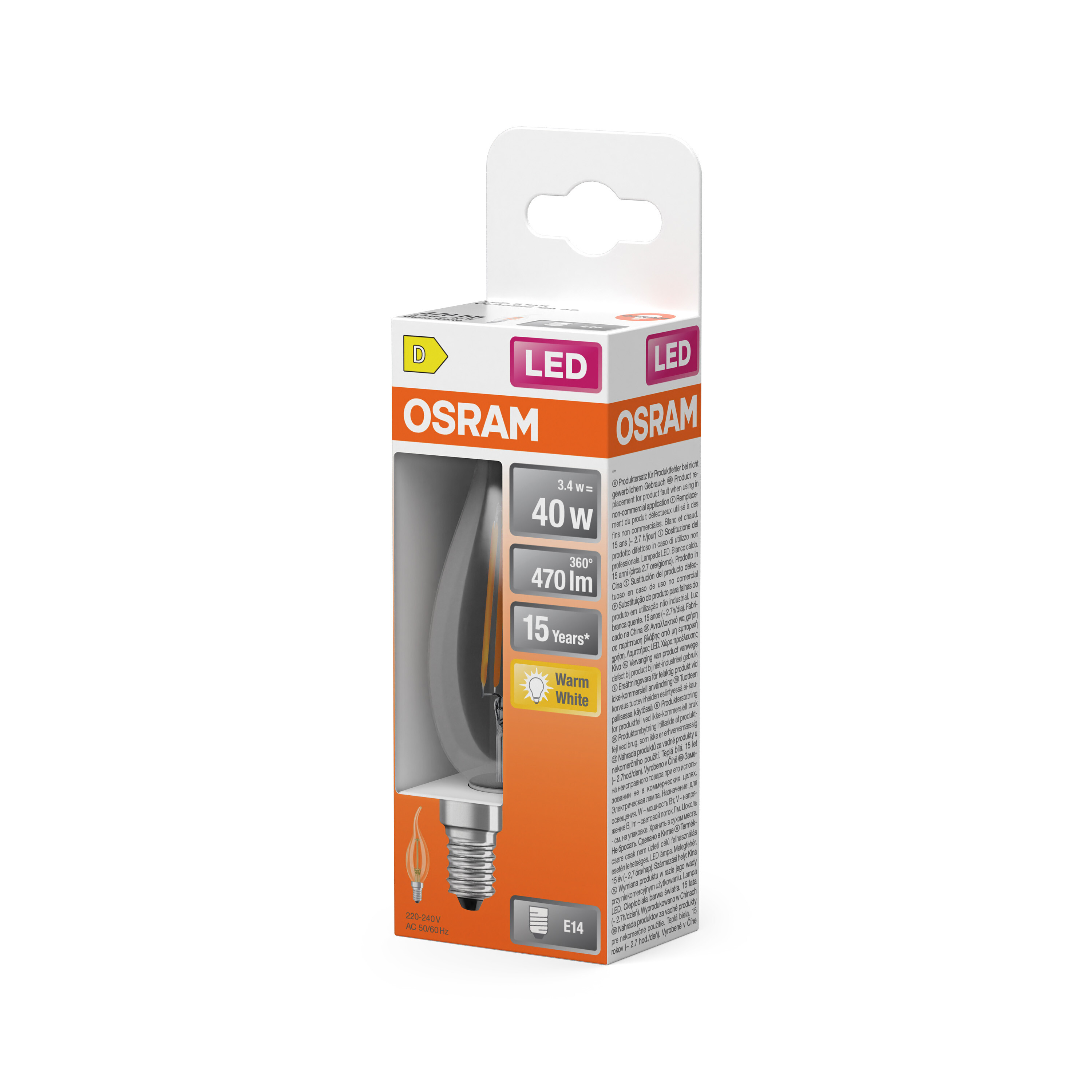 Osram LED-Lampe, warmweiß, 3,4W, 470lm, E14 Sockel, 15 Jahre Garantie.