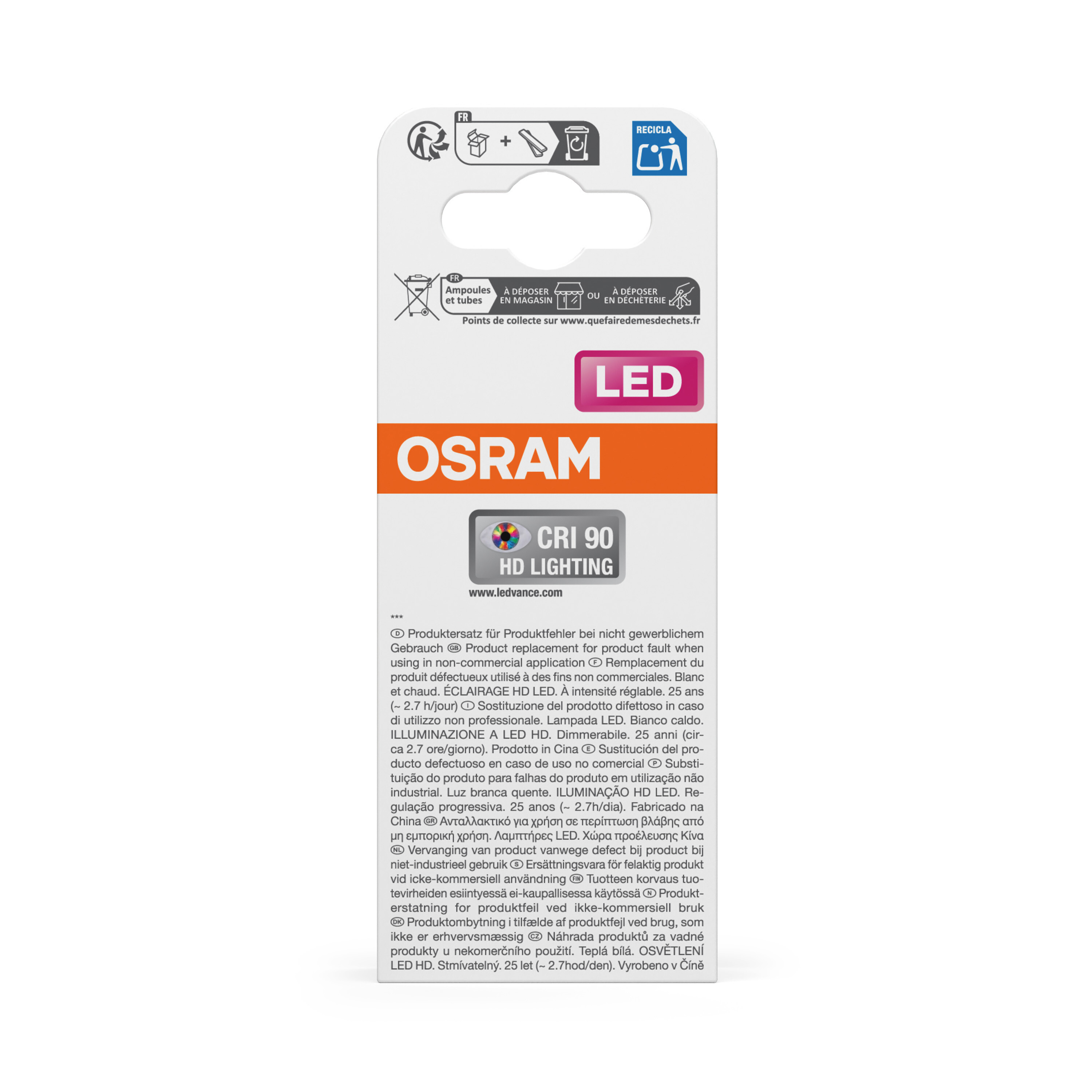 OSRAM LED Lampe mit CRI 90 HD Lighting Logo und Entsorgungssymbolen.