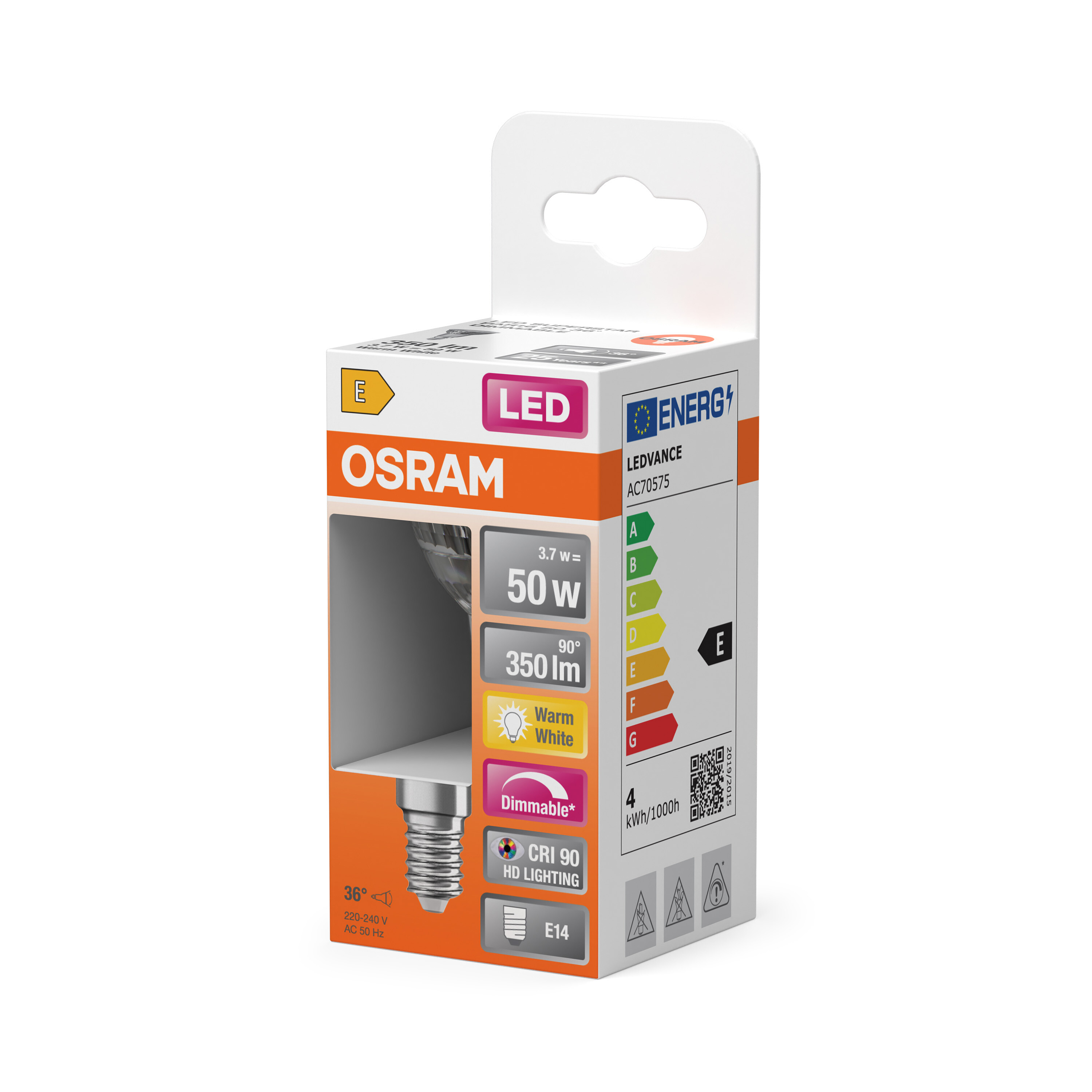 OSRAM LED-Lampe mit E14 Sockel, 3,7W, 350lm, Warmweiß, dimmbar.