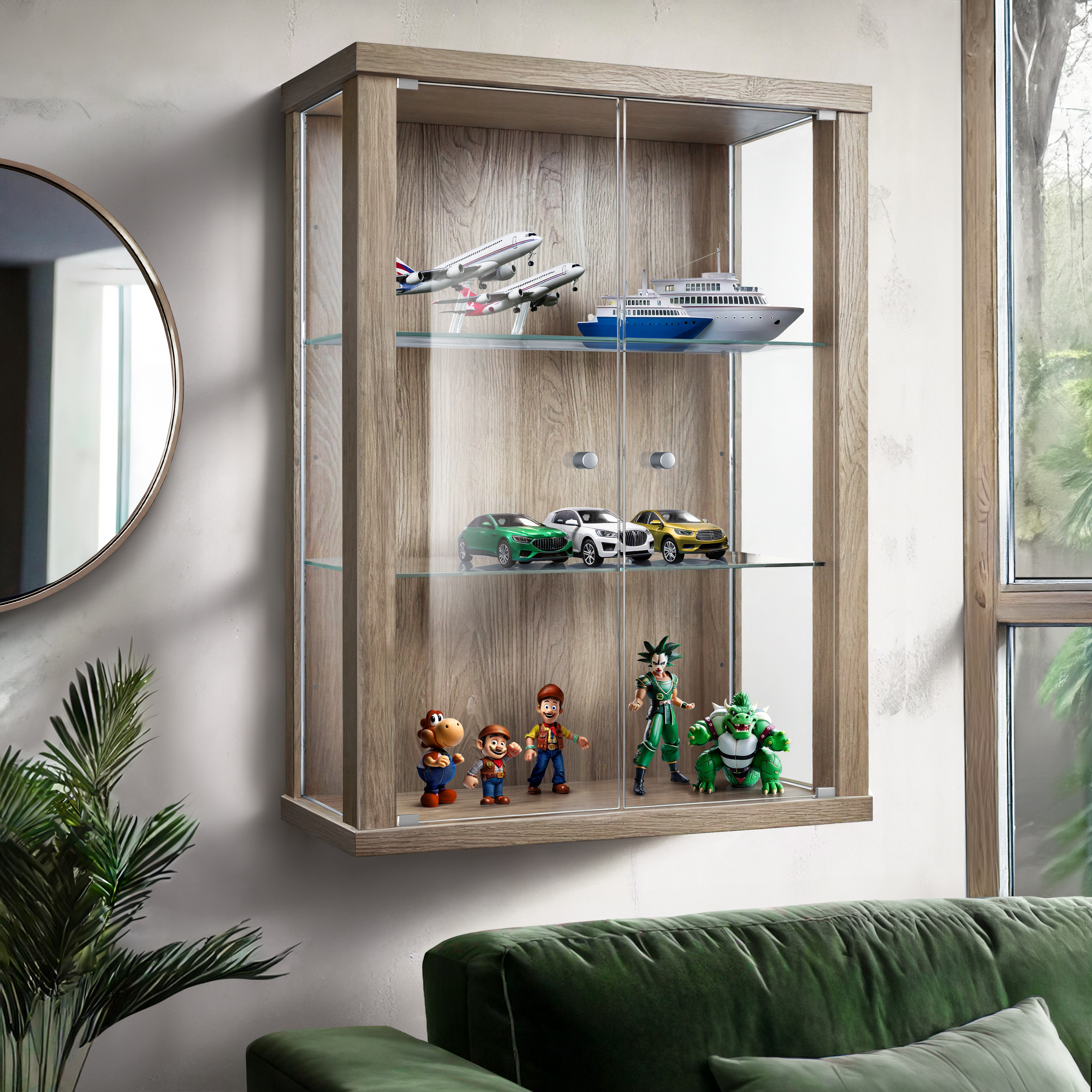 Eine Vitrine mit Flugzeug-, Schiffs-, Auto- und Spielfigurenmodellen.