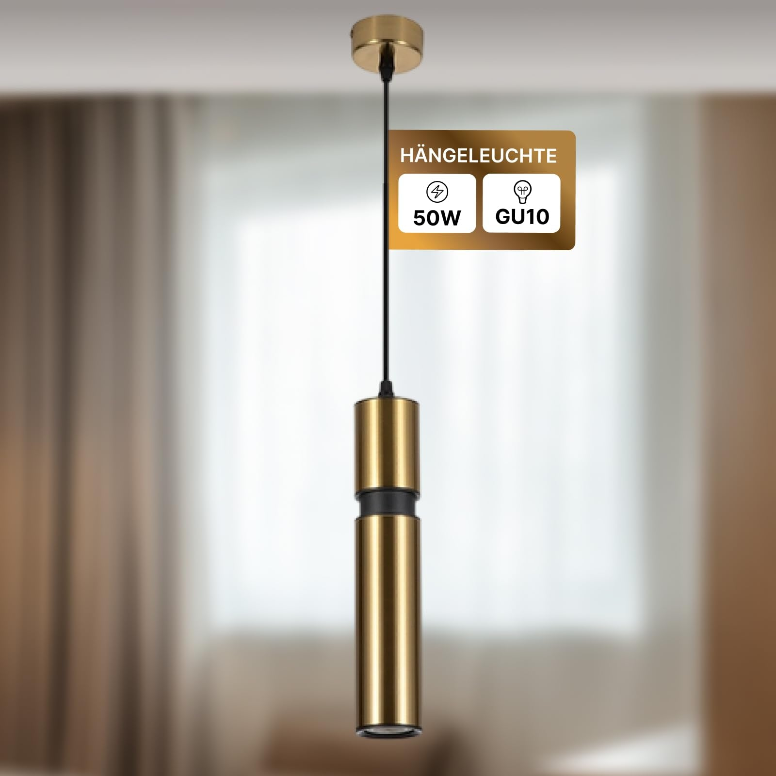 Eine goldene Pendelleuchte mit schwarzem Akzent, 50W GU10.