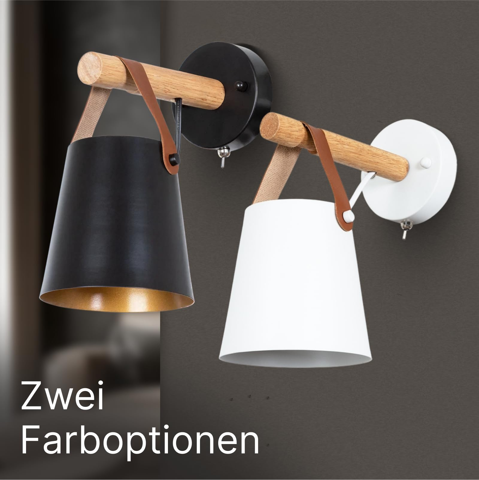 Zwei Wandleuchten mit Holzarm, Lederriemen, eine schwarz, eine weiß.
