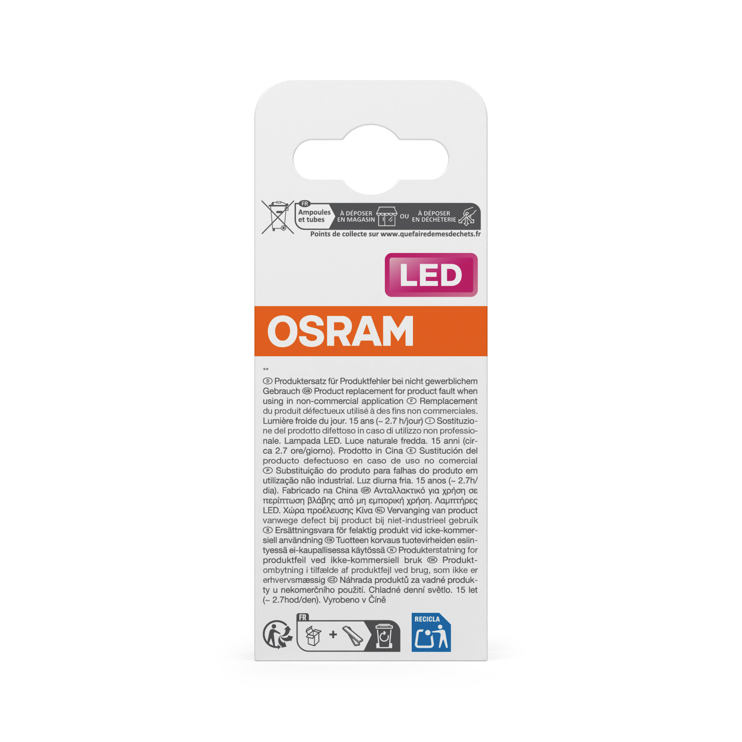 OSRAM LED Lampe mit Recycling- und Entsorgungshinweisen.