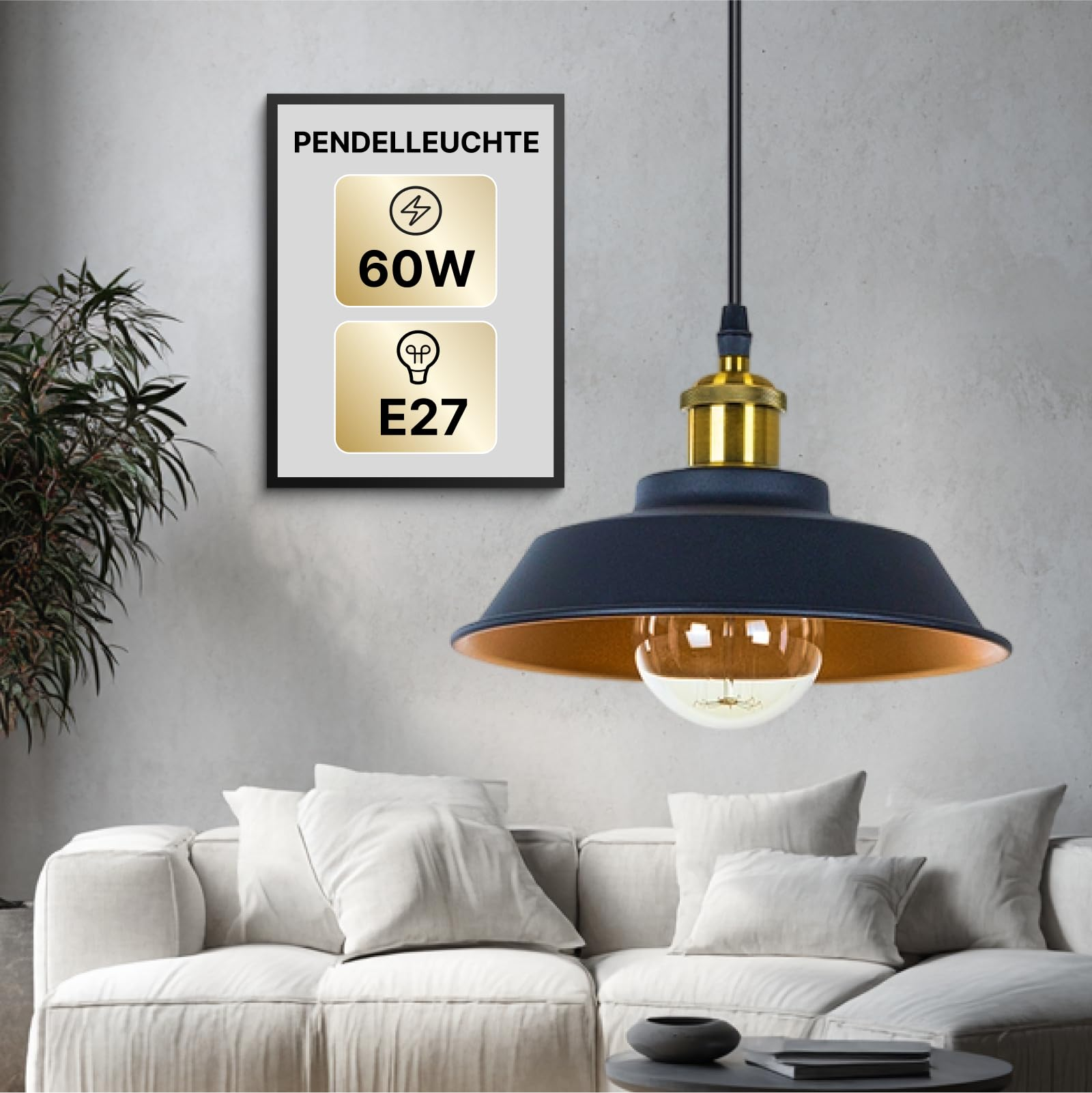 Dunkelblaue Pendelleuchte mit kupferfarbener Innenseite, E27, 60W.