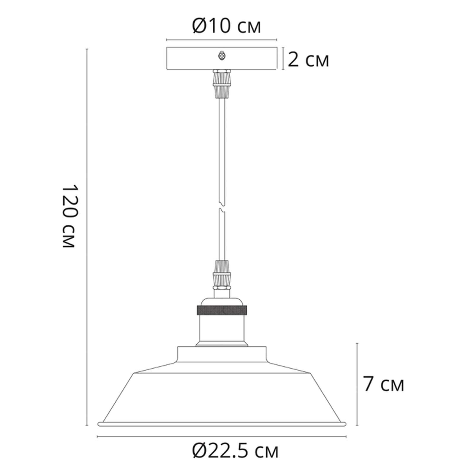 Technische Zeichnung einer Pendelleuchte mit Maßen: Ø 10 cm, 2 cm, 120 cm, 7 cm, Ø 22,5 cm.