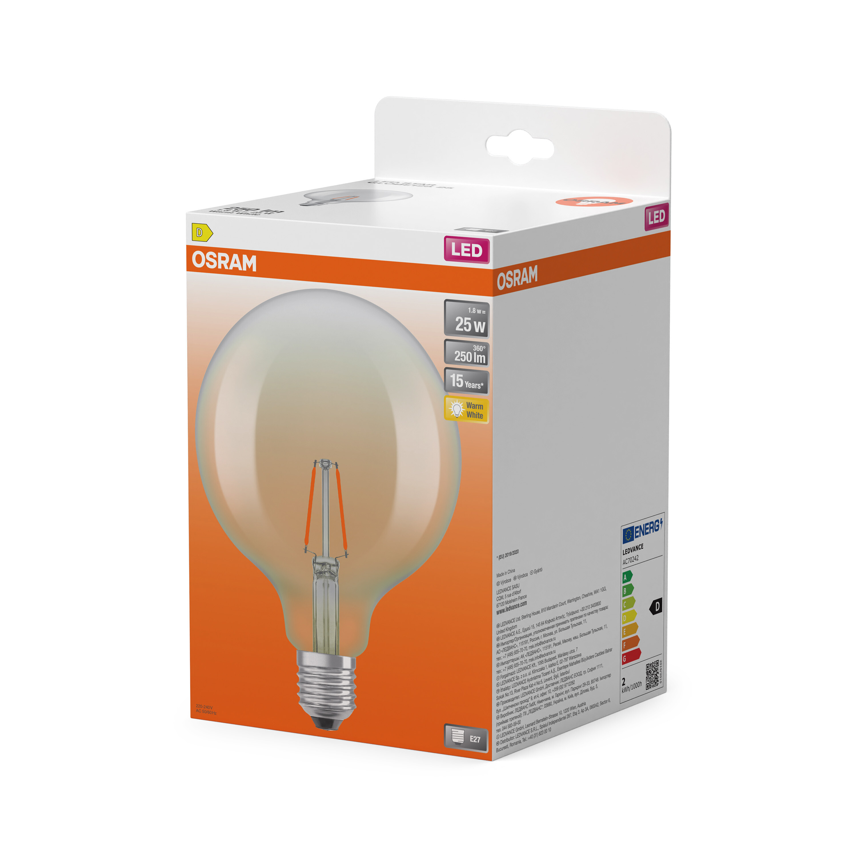 Osram LED-Lampe im Karton. 1,8W entspricht 25W, 250lm, Warmweiß.