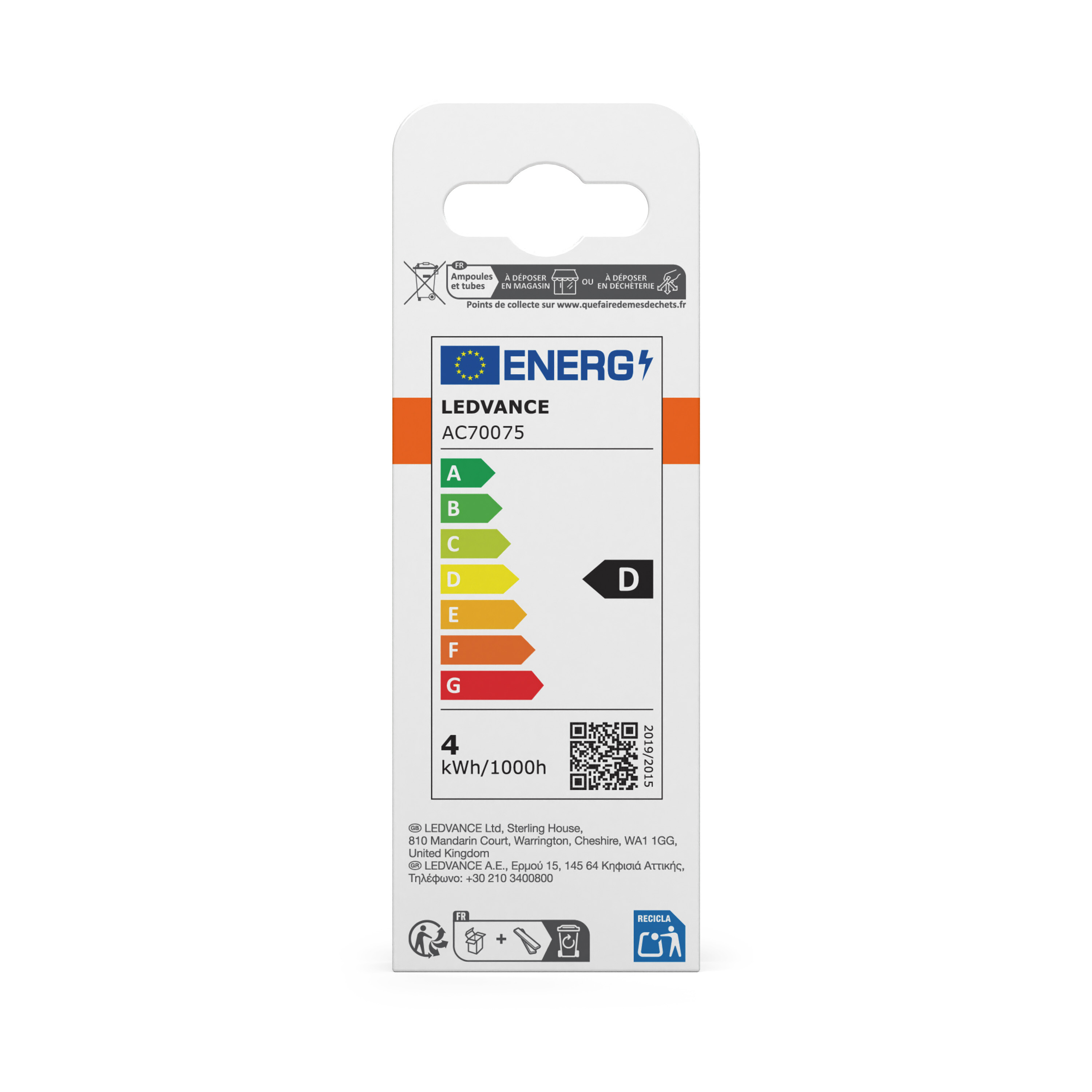 LEDVANCE AC70075 Energieetikett, Klasse D, 4kWh/1000h.