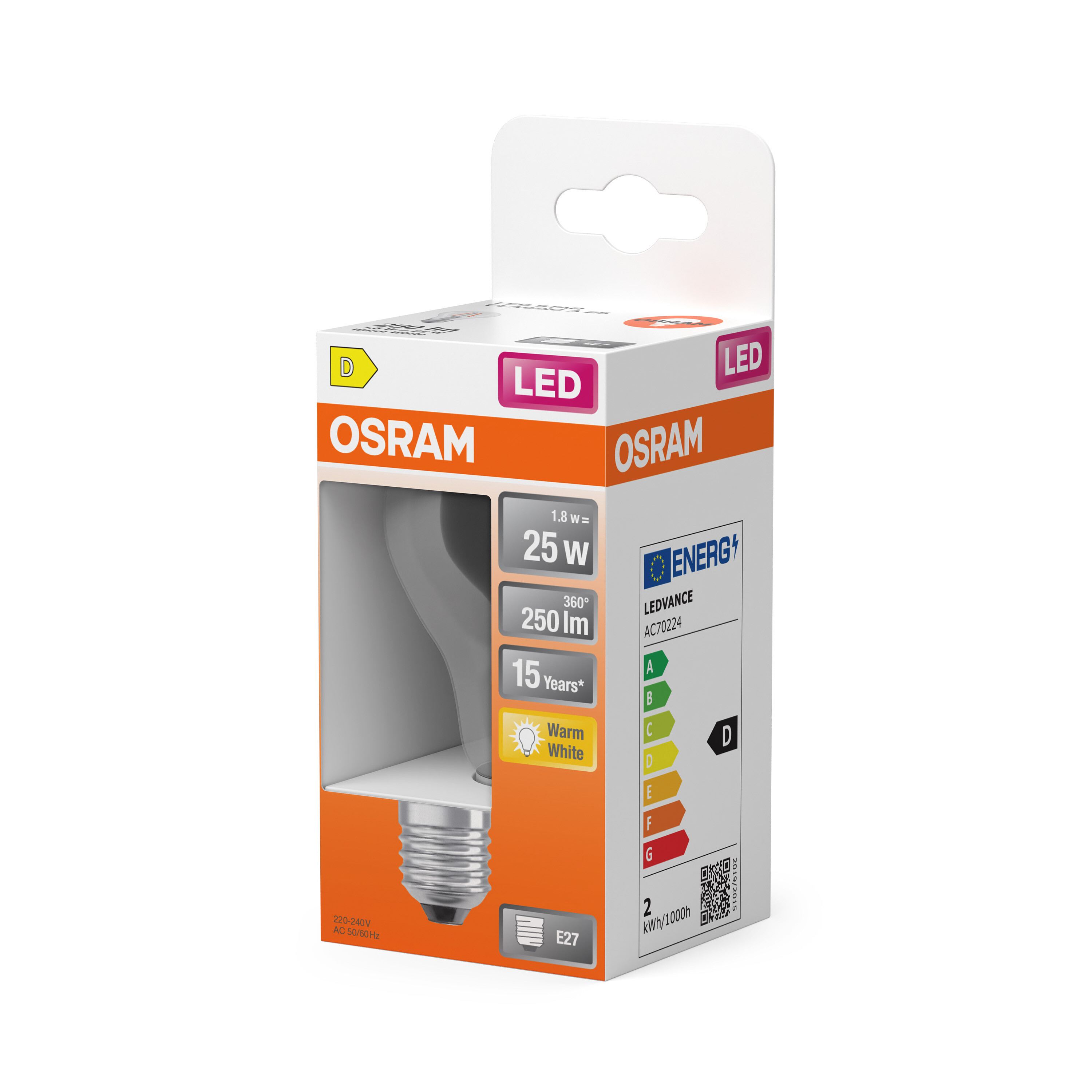 Osram LED-Lampe in Verpackung, 25W, warmweiß, E27 Sockel, Energieeffizienz D.