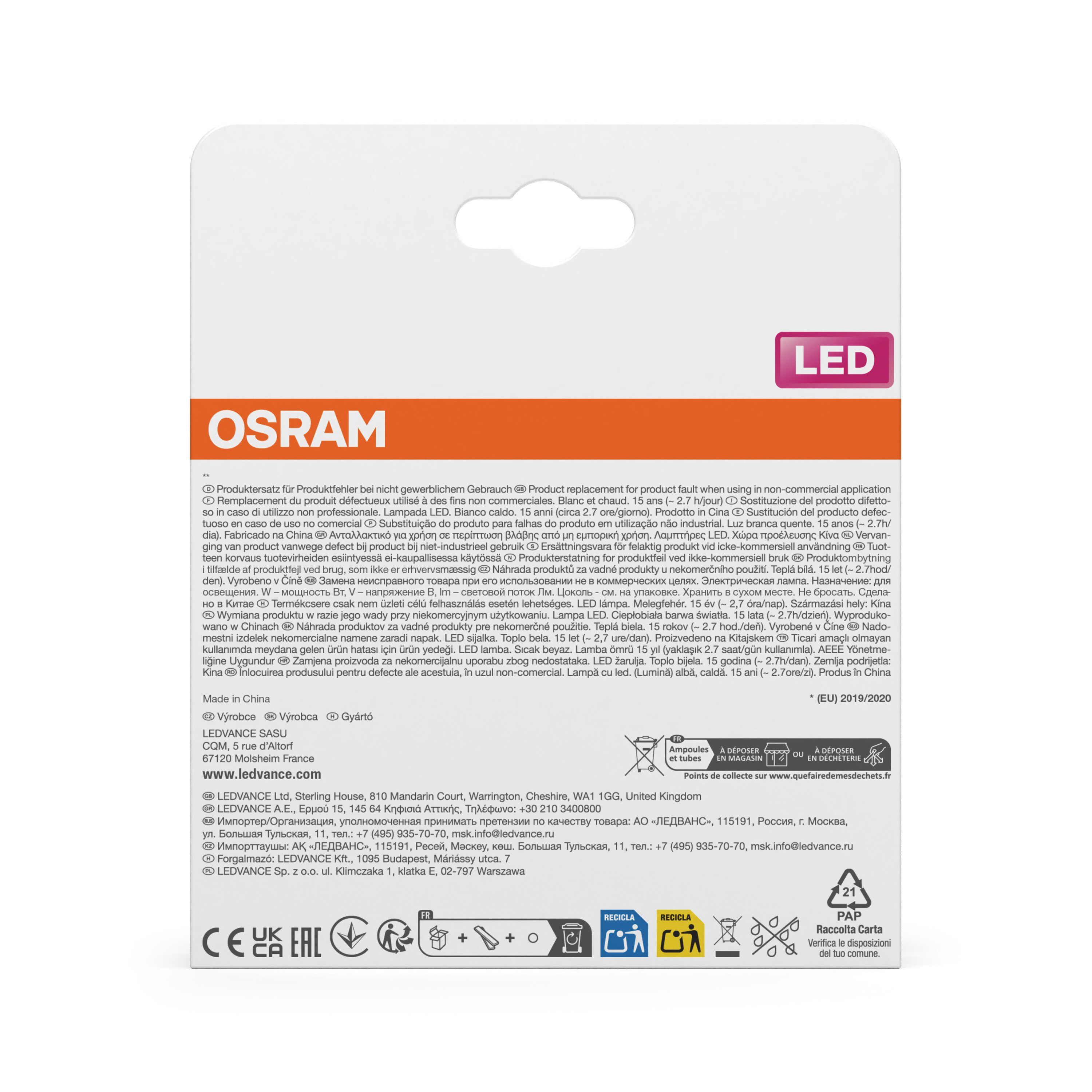 OSRAM LED Lampe Verpackung mit Informationen und Logos. Made in China.