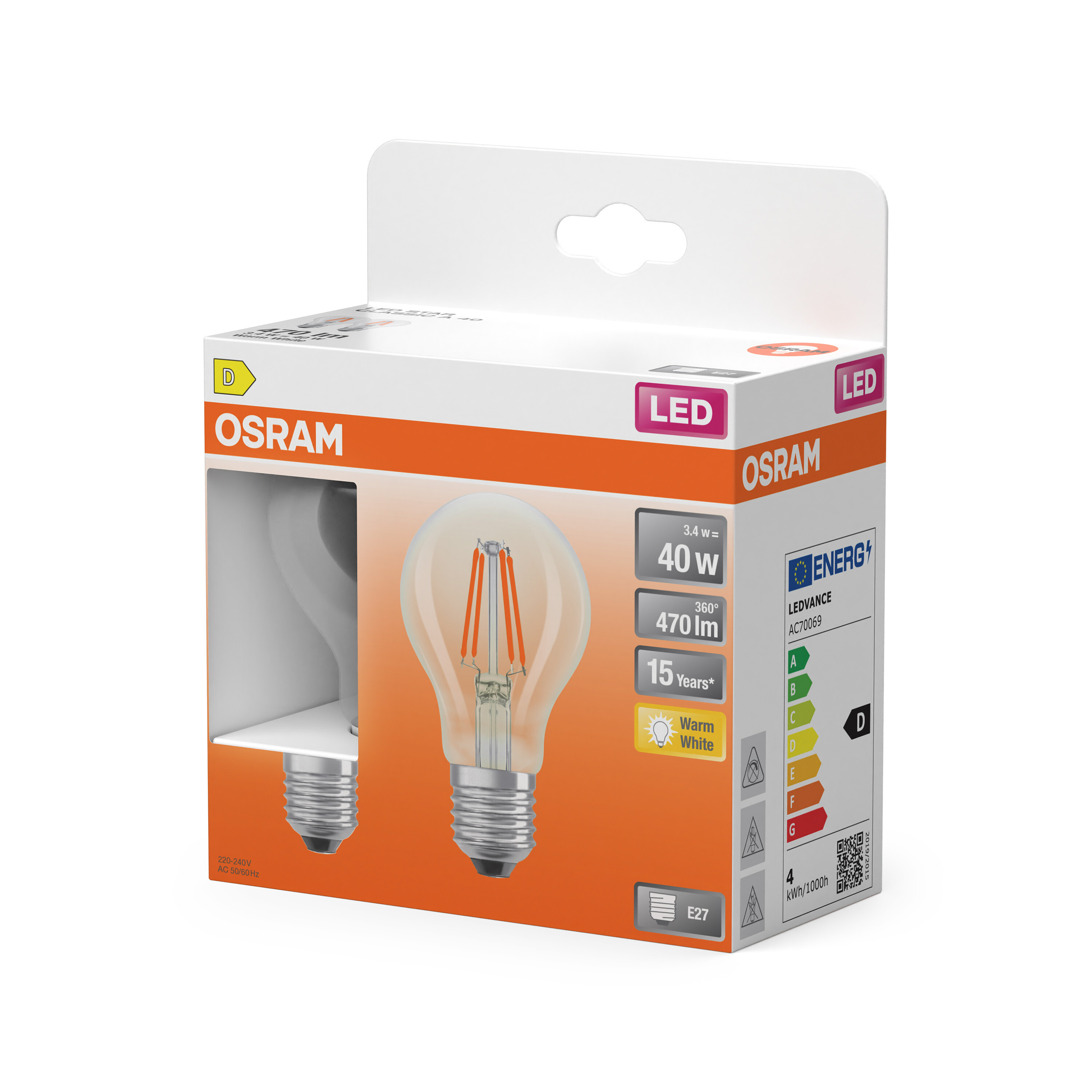 OSRAM LED-Lampe im Karton mit Energieeffizienzklasse D und warmweißer Lichtfarbe.