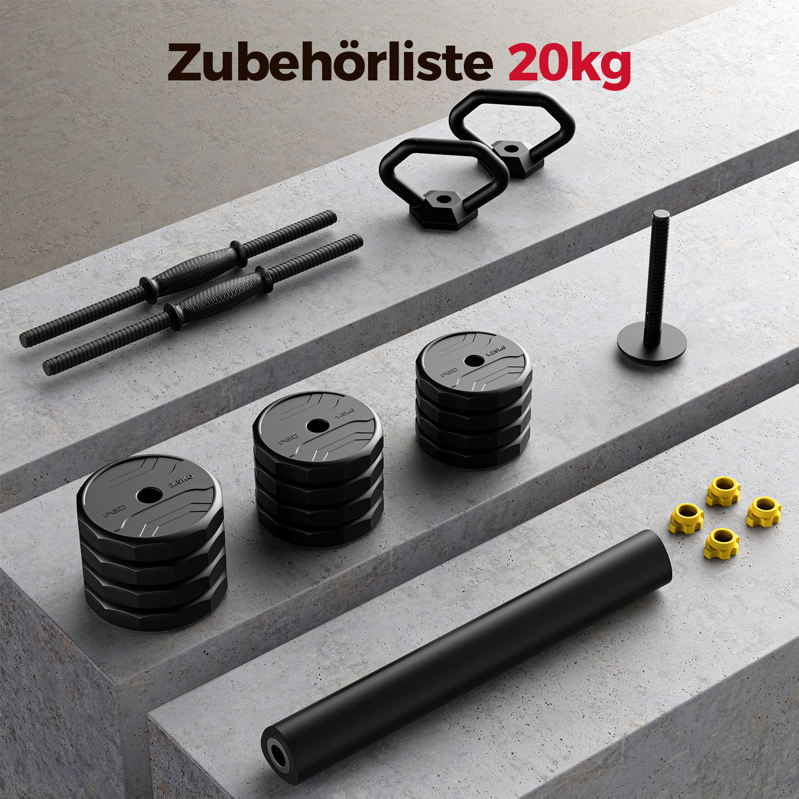 Hantelstangen, Gewichtscheiben, Kettlebell-Griffe und Hantelscheiben-Verschlüsse auf Beton.