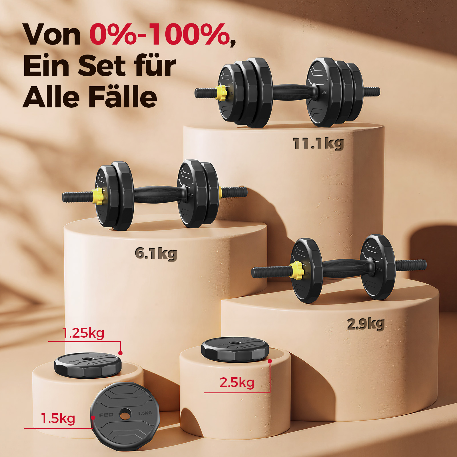 Hanteln in verschiedenen Gewichten auf Stufen. Von 1.5kg bis 11.1kg.