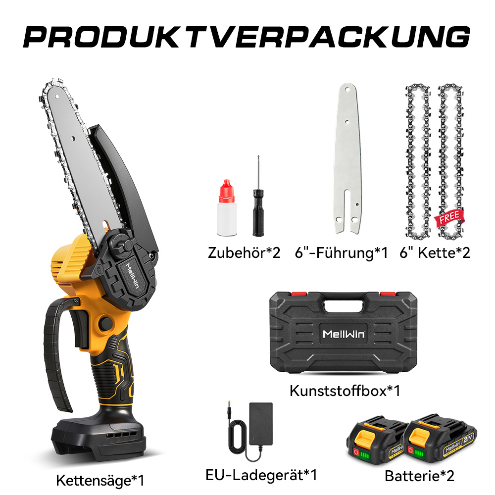 Produktverpackung: Kettensäge, Zubehör, Führung, Ketten, Box, Ladegerät, Batterien.