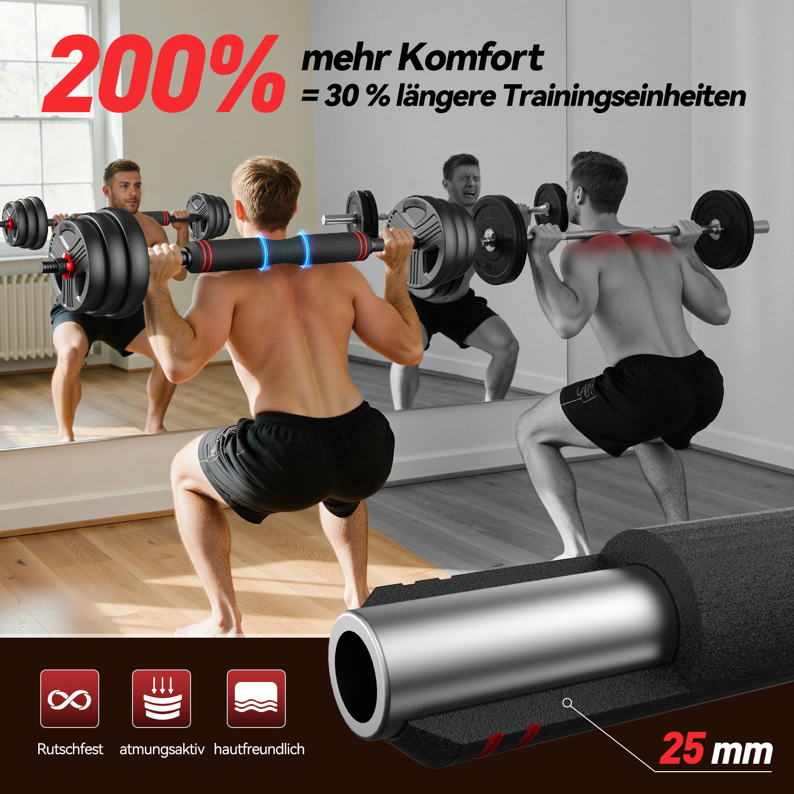 Mann macht Kniebeugen mit Langhantel. 200% mehr Komfort, 30% längere Einheiten.