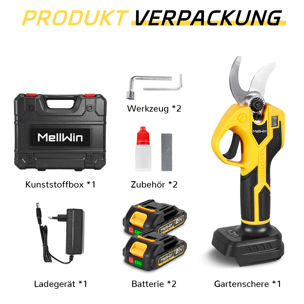 Produktverpackung: Gartenschere, 2 Batterien, Ladegerät, Werkzeug, Zubehör und Koffer.