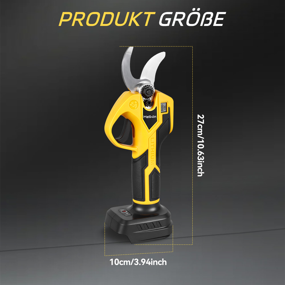 Gelber Akku-Scheren mit schwarzen Akzenten. Maße: 27cm hoch, 10cm breit.