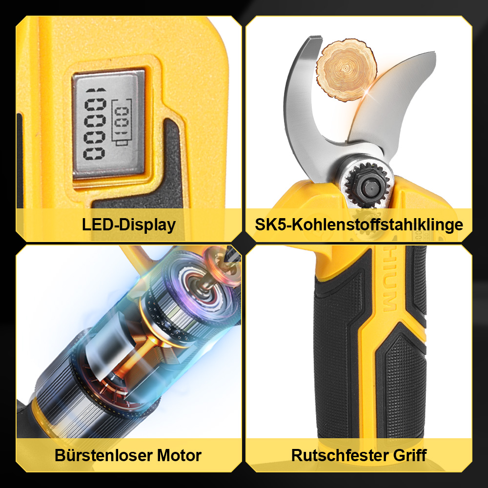 Vier Detailansichten: LED-Display, Klinge, Motor und Griff eines gelben Werkzeugs.