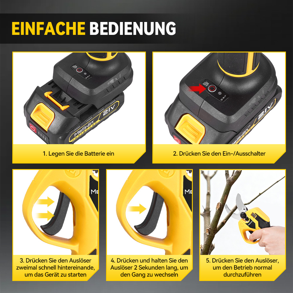 Anleitung zur einfachen Bedienung eines gelben und schwarzen Elektrowerkzeugs. Zeigt Batterieeinlegung, Netzschalter, Auslöseraktionen und Beschneiden.