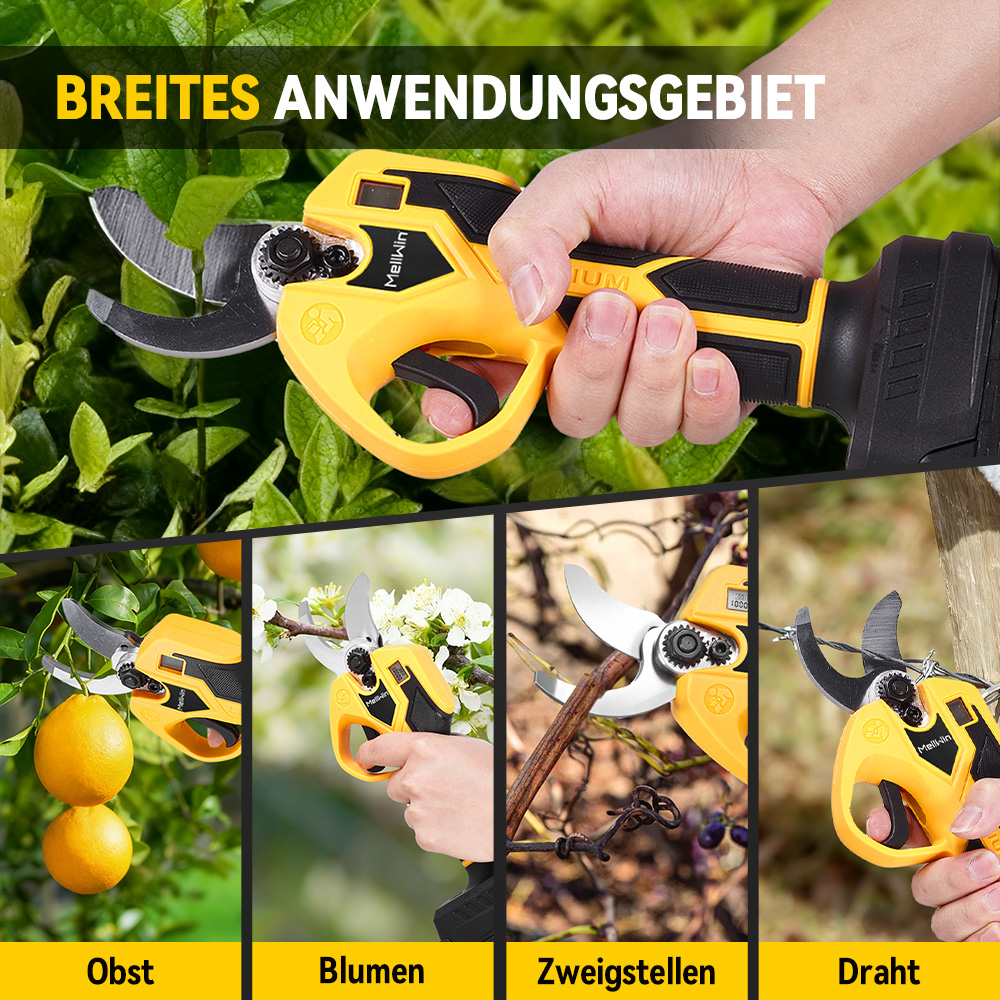 Elektrische Gartenschere in Aktion: Obst, Blumen, Zweige und Draht schneiden.