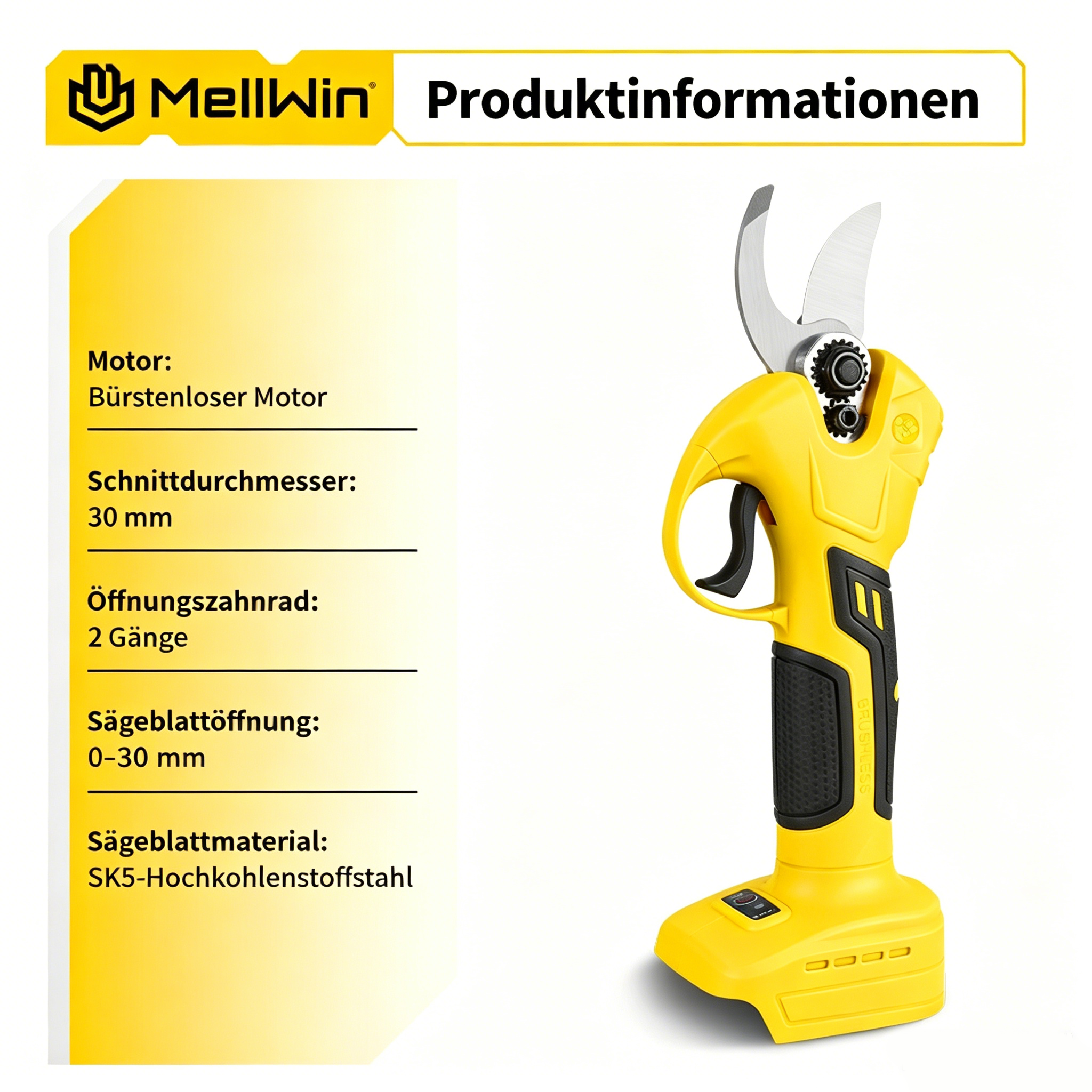 Gelbe Gartenschere mit schwarzem Griff und technischen Daten auf Deutsch.
