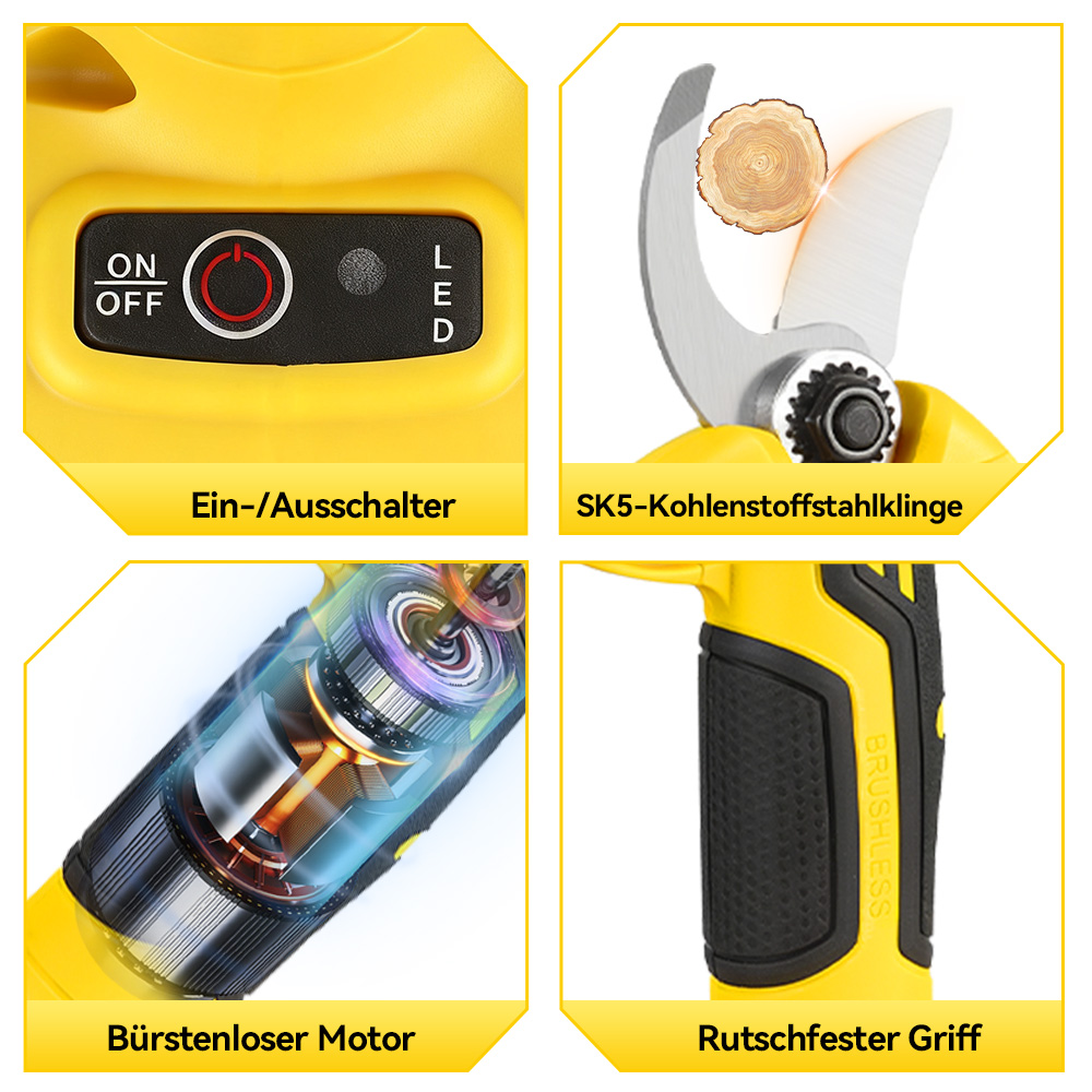 Vier Detailansichten eines gelben Gartenschneiders: Ein-/Ausschalter, Klinge, Motor, Griff.