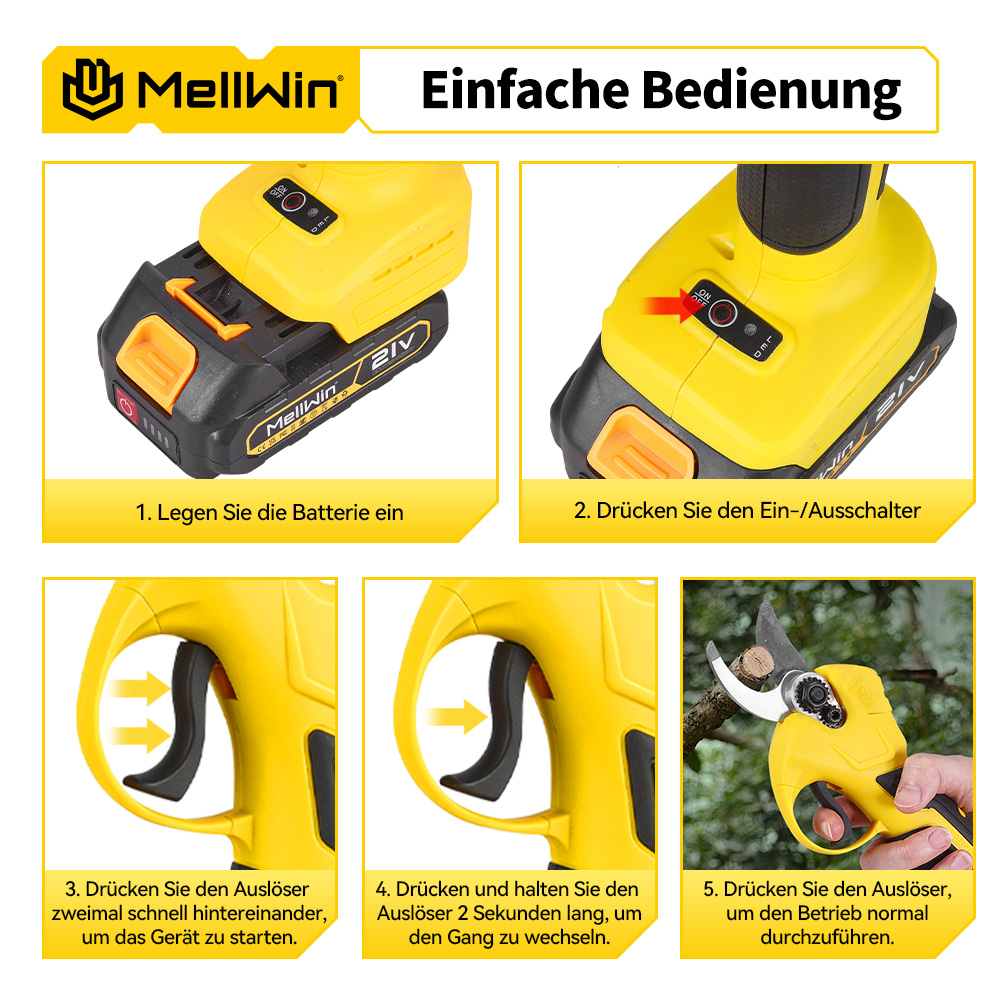 Schritt-für-Schritt-Anleitung für MellWin Gartenschere: Akku einlegen, einschalten, auslösen.